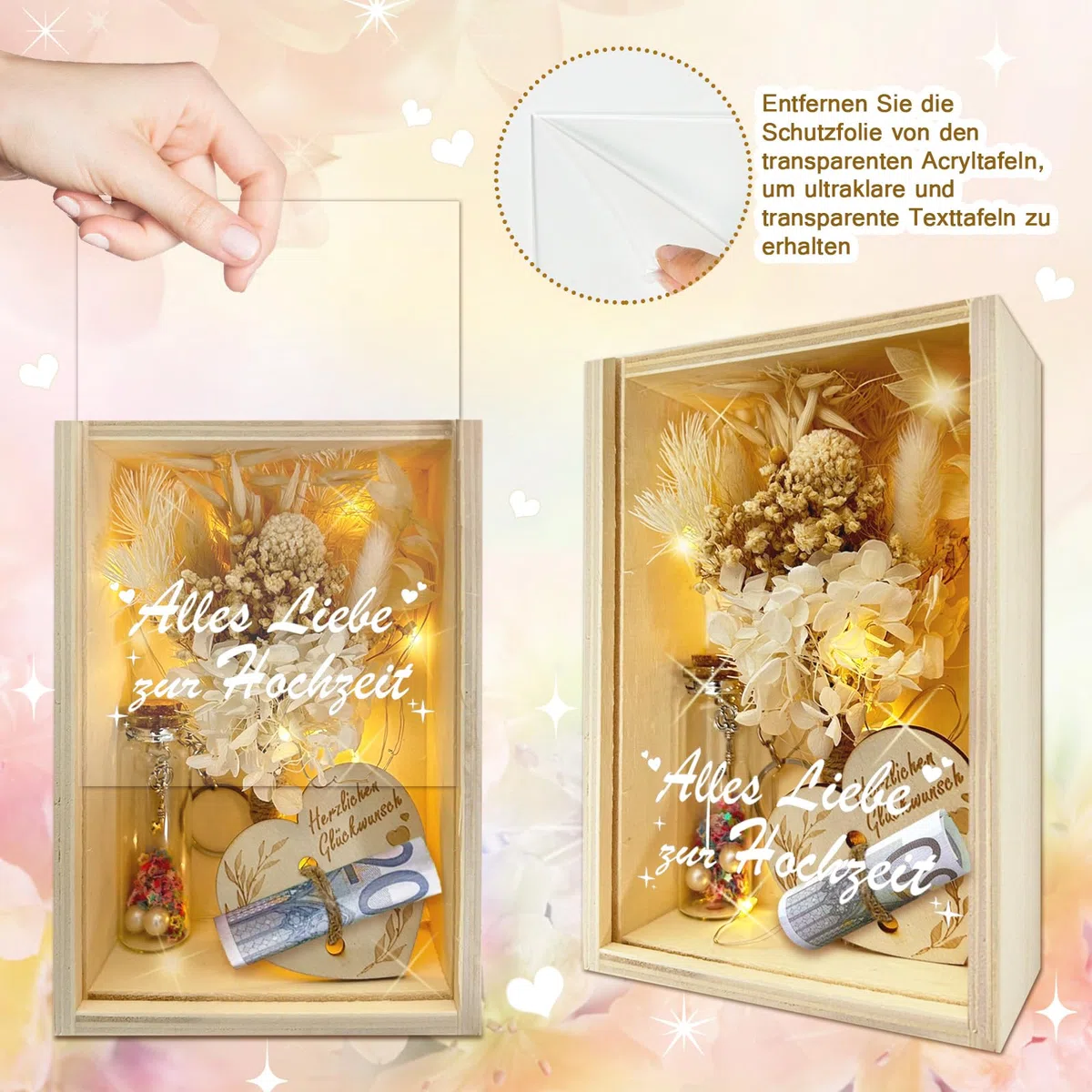 HILKKET Hölzerne Hochzeit Geschenk für Brautpaar, Geldgeschenk Hochzeit mit Ewige Blumen, Holzbox, Kunststoff Reagenzglas, Lichterketten, Wunschflasche, Garn, Hochzeitsgeschenke