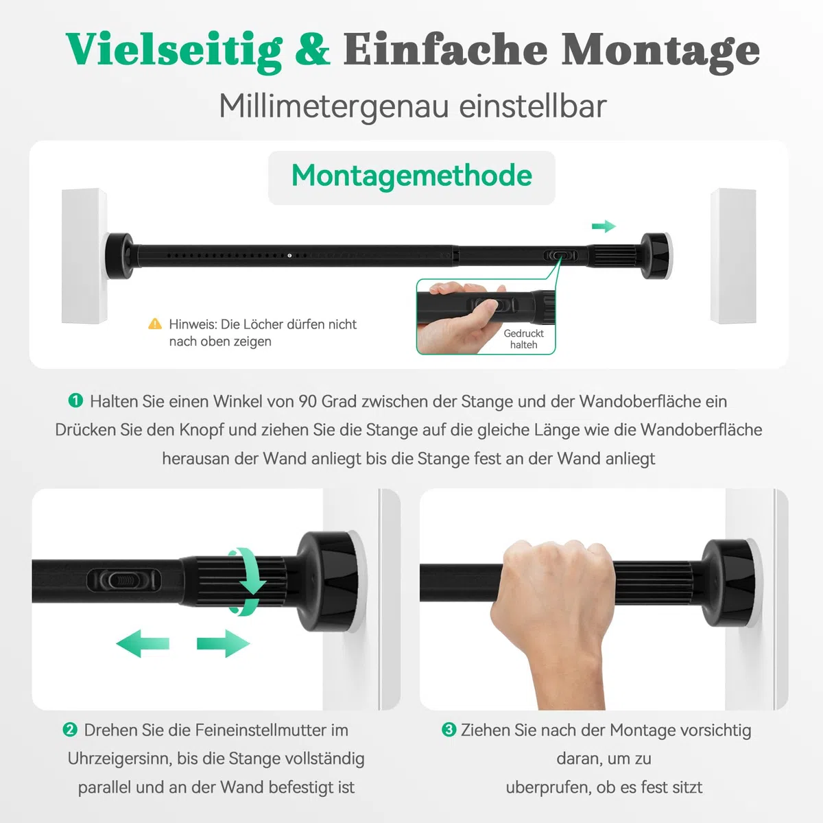 VECTO Teleskopstange zum Klemmen 70-120cm Ø32mm Duschstange ohne Bohren Schwarz Universell Vorhangstange ohne Bohren für Fenster, Kleiderschrank, Badezimmer 1Stück