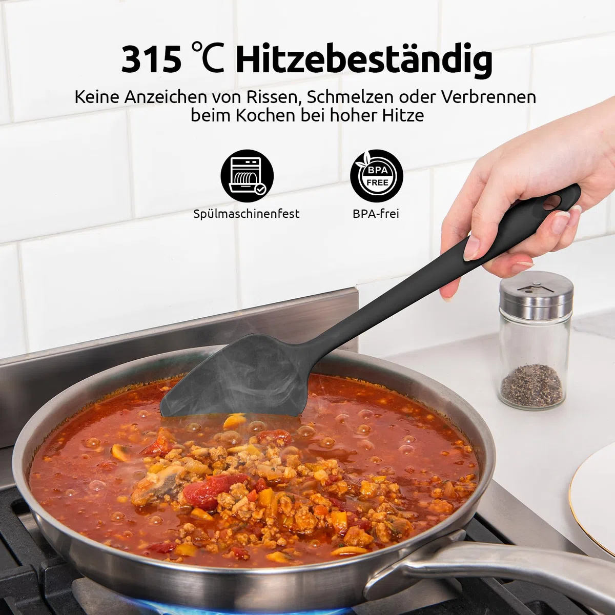 U-Taste Silikon Spatel & Teigschaber 4er Set, 315℃ Hitzebeständiger Antihaft-Gummispachtel Kuchenspatel, Nahtloses Einteiliges Design für Kochen Backen Mischen (Schwarz)