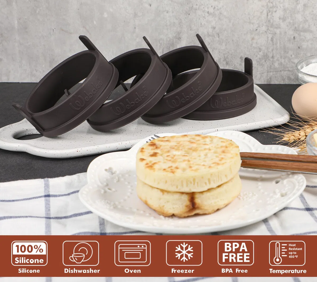Webake Crumpet Ringe Silikon 4 Stück 9cm Pancake Form für pfanne Spiegeleierformen Eierringe Eier Ring für Crumpet Pancake Eier