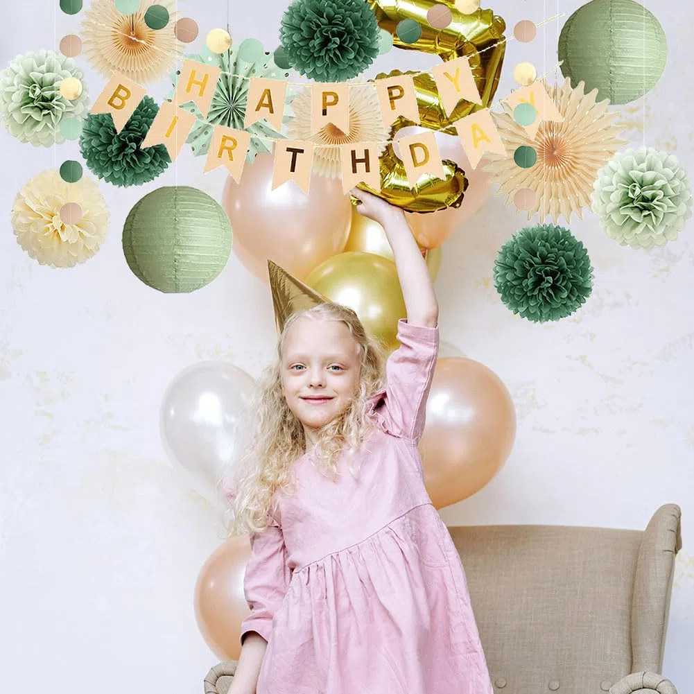 Geburtstagsdeko Grün Beige Mädchen Retro Olivgrün Geburtstagsdeko Salbeigrün Geburtstag Frauen Deko Salbei Creme Party mit Happy Birthday Banner Beige Gold