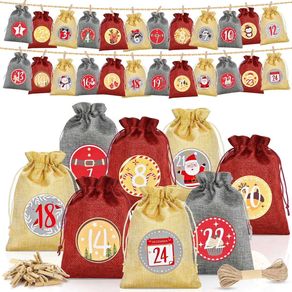 Alintor Groß Adventskalender zum Befüllen, 24 Weihnachtskalender Säckchen zum Befüllen, Adventskalender 2026 (Zahlen-Design)
