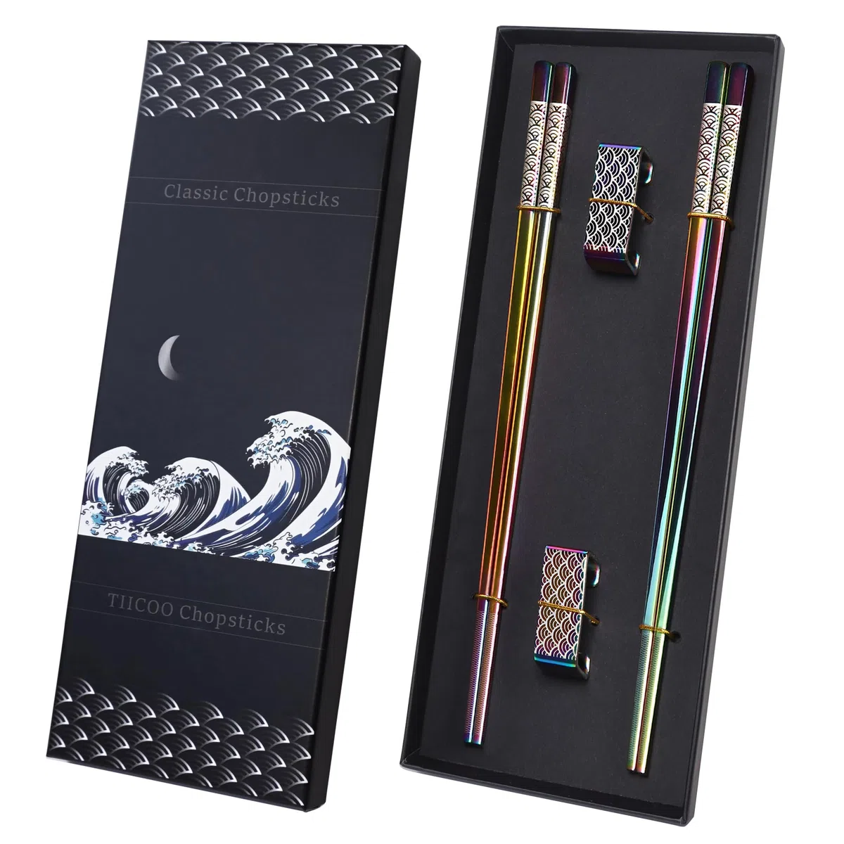 Metall-Essstäbchen Wiederverwendbar 2 Paar Titan-Edelstahl-Essstäbchen mit Halter, Spülmaschinenfest Leichte Essstäb chen im Japanischen Stil Geschenkset (Regenbogen)