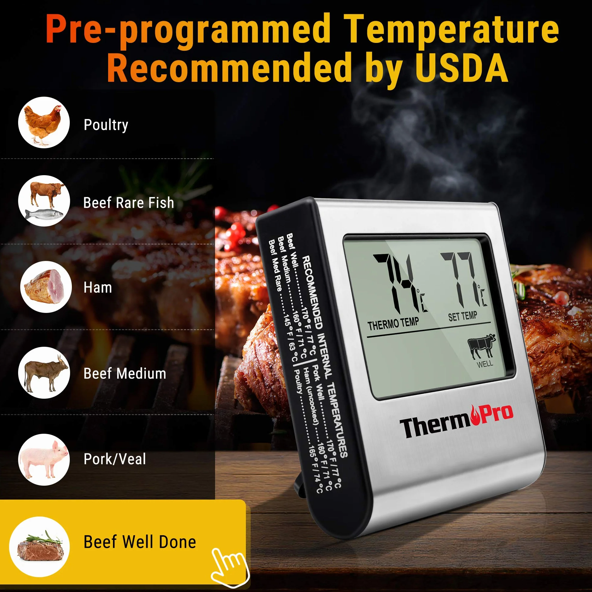 ThermoPro TP16 Digitales Bratenthermometer Ofenthermometer Fleischthermometer Grillthermometer Küchen Thermometer mit Timer für BBQ, Grill, Smoker