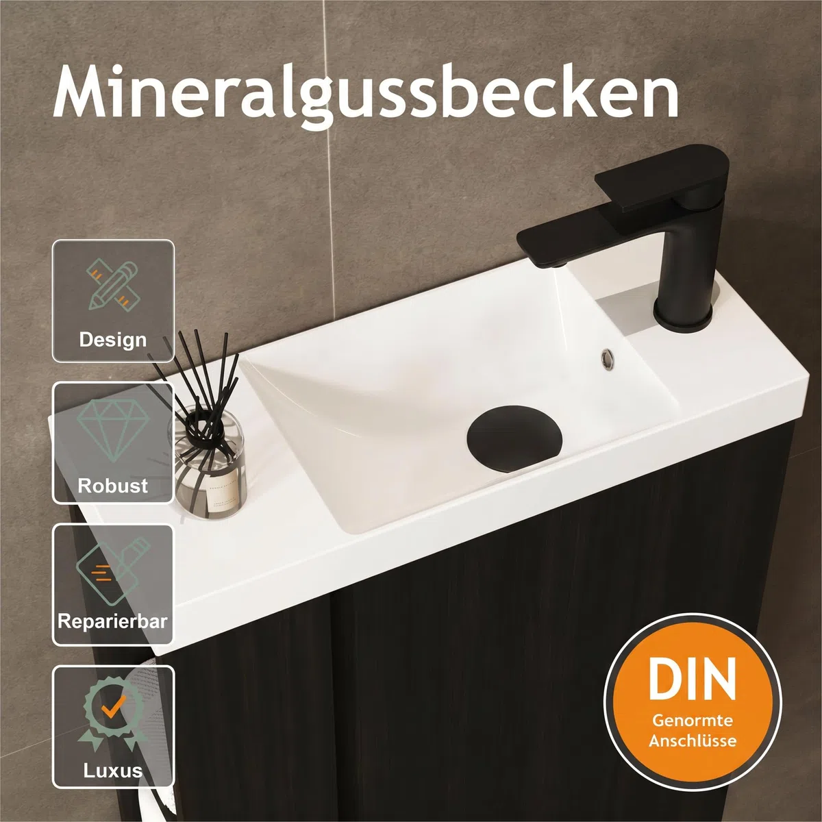 Waschbecken mit Unterschrank 55 cm - Badmöbel Set mit 2 Tier seitliche Ablagen außen & Haken, Vormontiert Waschbeckenunterschrank Klein für Bäder - Schwarz (inkl. Schwarz Matt Armatur)