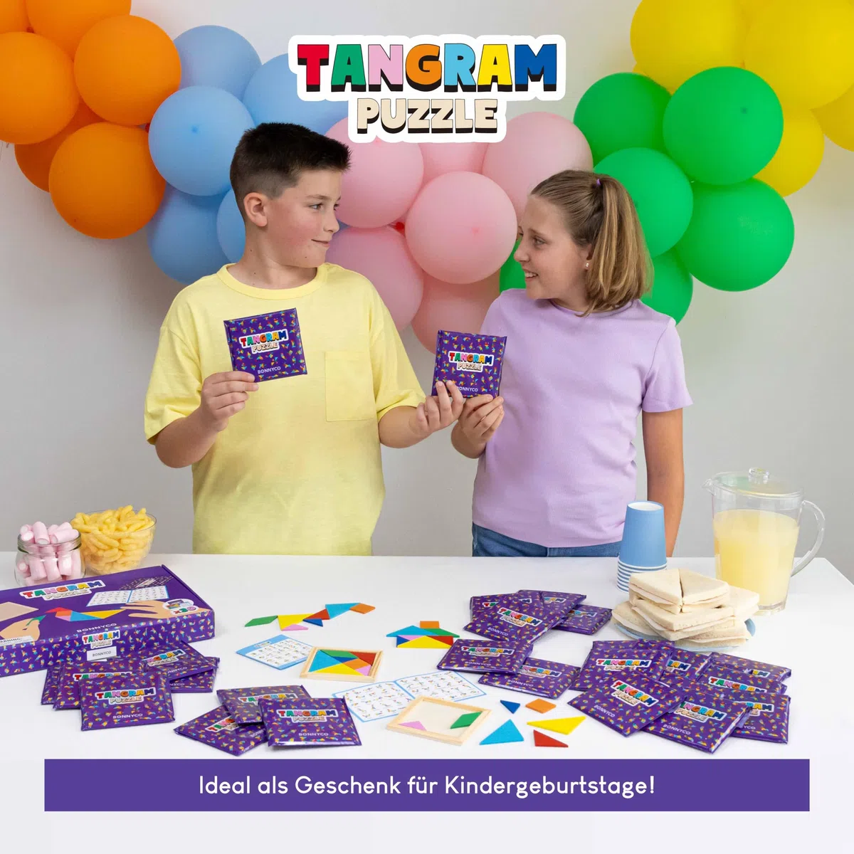 BONNYCO Tangram Kinder Mitgebsel Kindergeburtstag Gastgeschenke 30 Stück. Tangram Puzzle, Kleine Geschenke für Kinder. Give Aways Kindergeburtstag Mitgebsel Set, Pinata Füllung, Mini Spielzeug