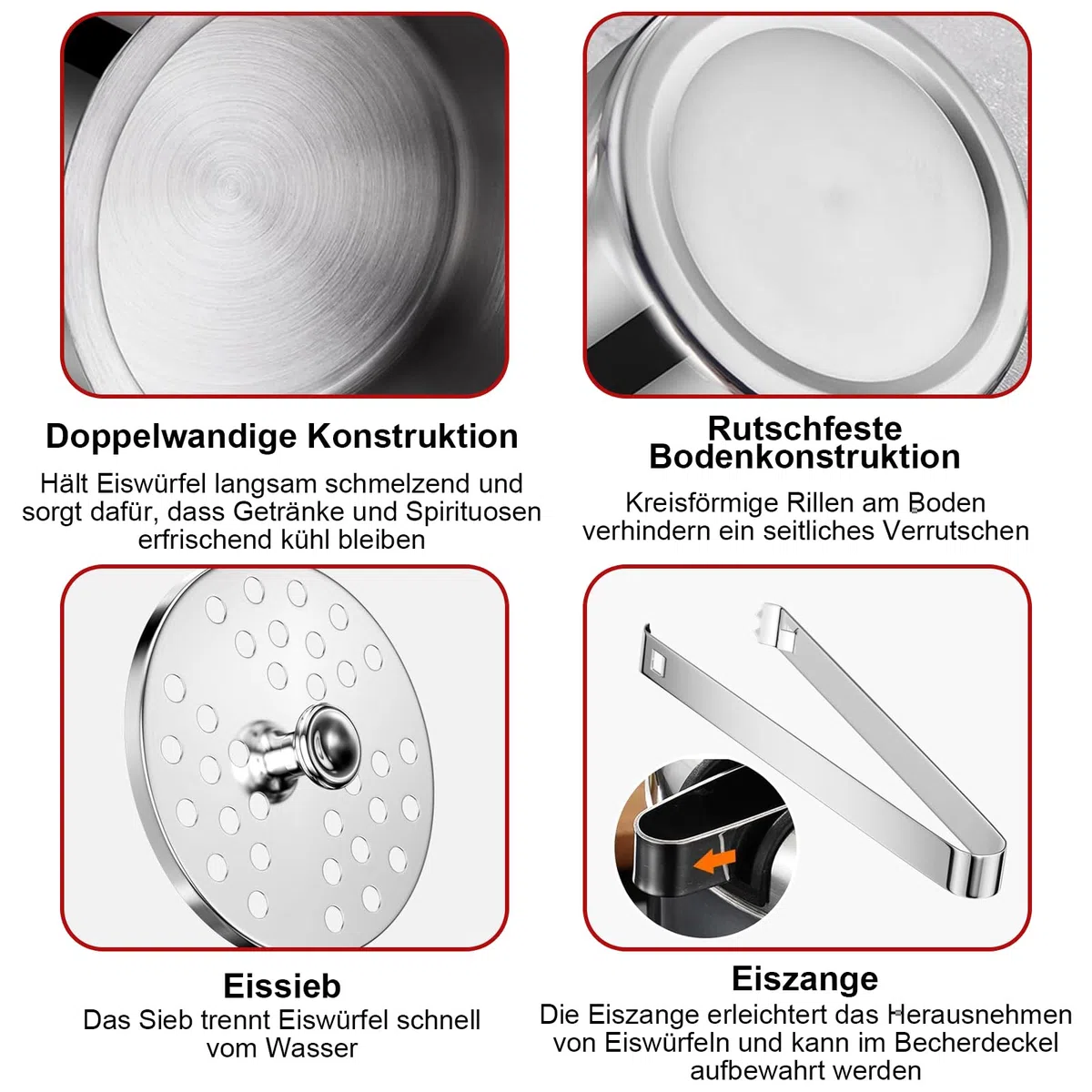 Eiswürfelbehälter mit deckel 1.3L, Eiswürfelbehälter Edelstahl mit Sieb und Eiszange, Doppelwandig Isoliert, Tragbarer Eiskübe Ideal für Bier, Wein, Champagner, Für Bar, Party, Camping & Grillen
