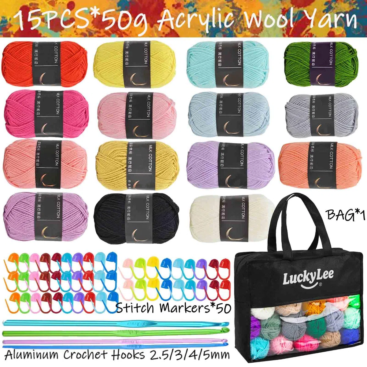 Häkelgarn, Strickwolle, 15 x 50g, Acrylgarn mit Aluminium-Häkelnadeln, Maschenmarkierer für Häkelgarn, Kits für Anfänger, Erwachsene, Wolle zum Häkeln, Stricken und Basteln (750g)