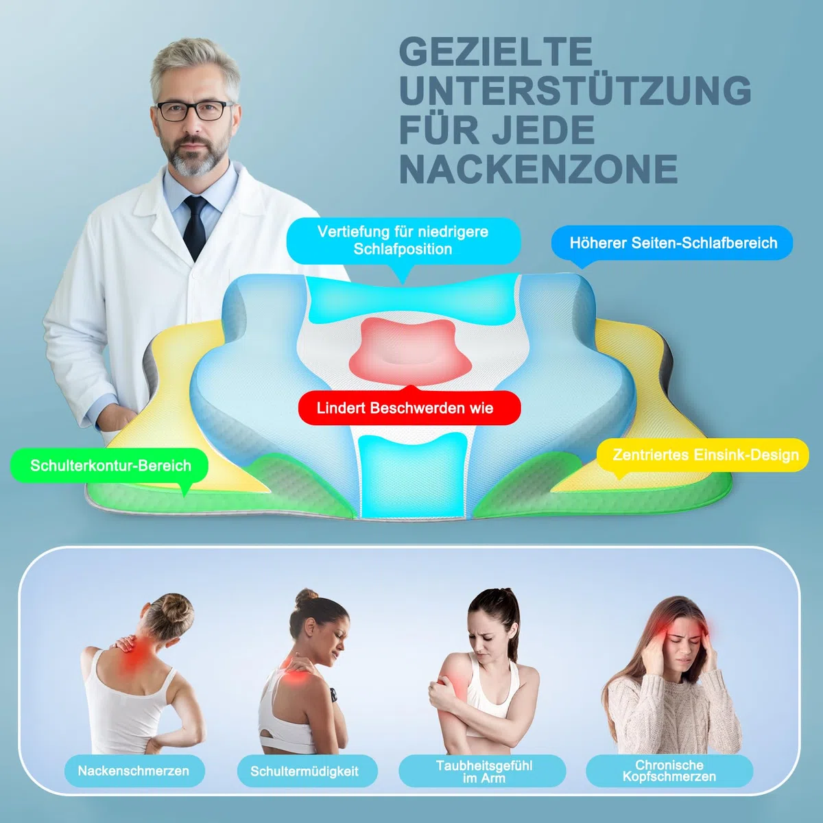 Nackenkissen Kopfkissen, Memory Foam Kissen. Nackenstützkissen, Ergonomisches Kopfkissen. Pillow Kissen für Seiten, Rücken & Bauchschläfer (1er Pack)