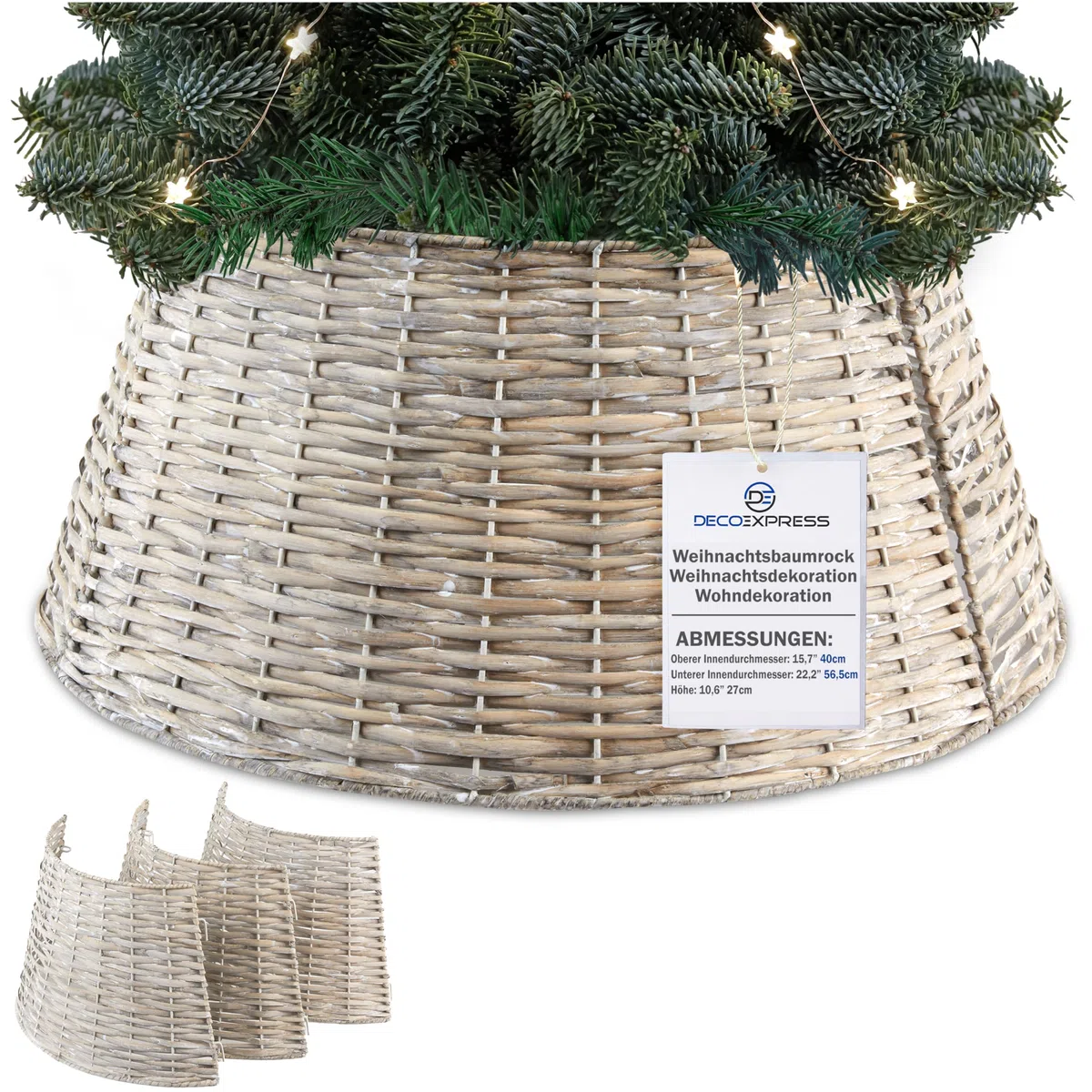 DECO EXPRESS Weihnachtsbaum Rock, Geflochtener Korb für Tannenbaum, Abdeckung Christbaumständer, Deko für Weihnachten, 40 x 27 cm (Hellbraune Weide, Top 40cm/Base 56.5cm)
