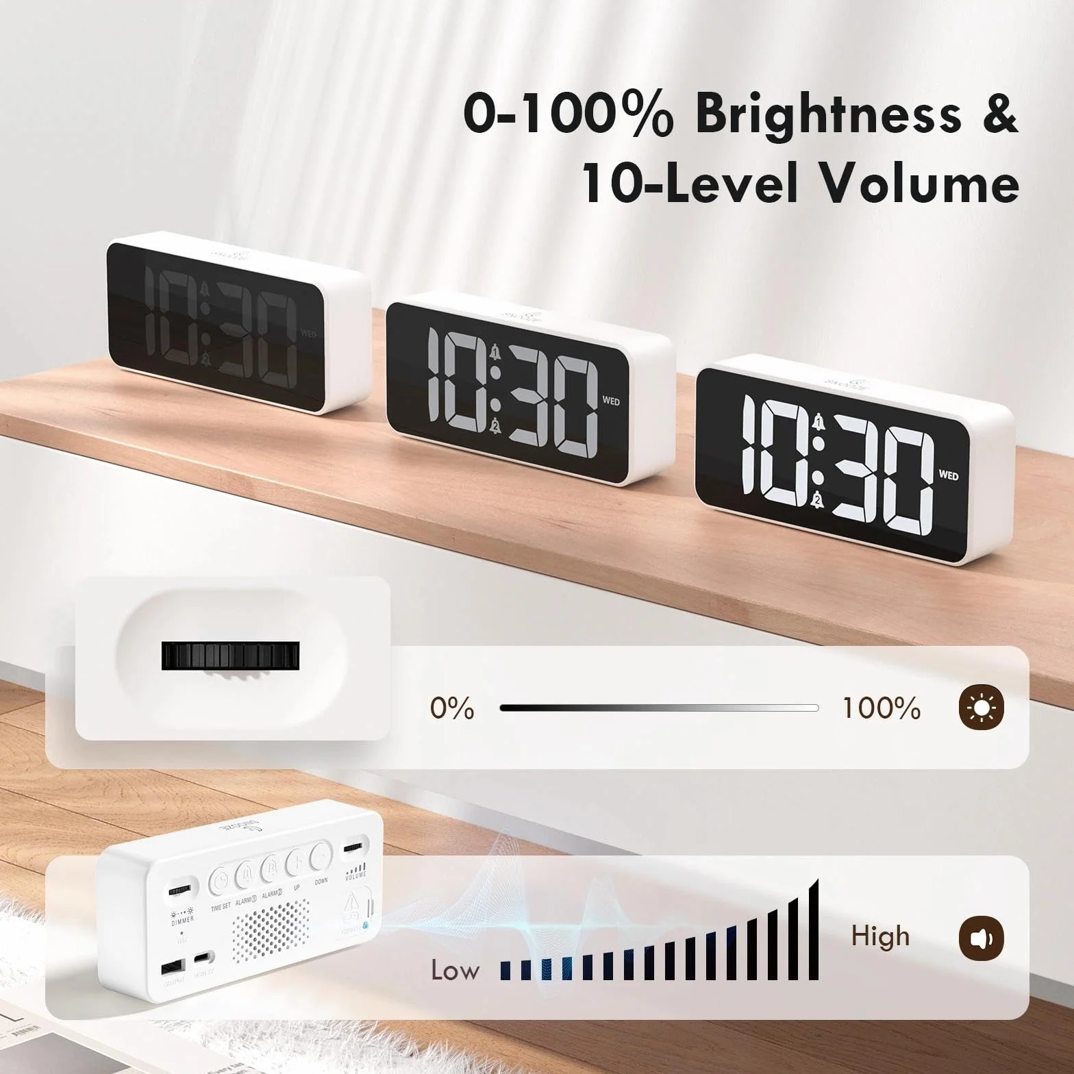 CHEREEKI Wecker Digital mit großem LED-Display, 10 Klingeltönen, Doppelalarm, Schlummerfunktion, 3 Alarmplänen, Einstellbarer Helligkeit und Lautstärke, Netzbetrieb, Adapter enthalten, Weiß
