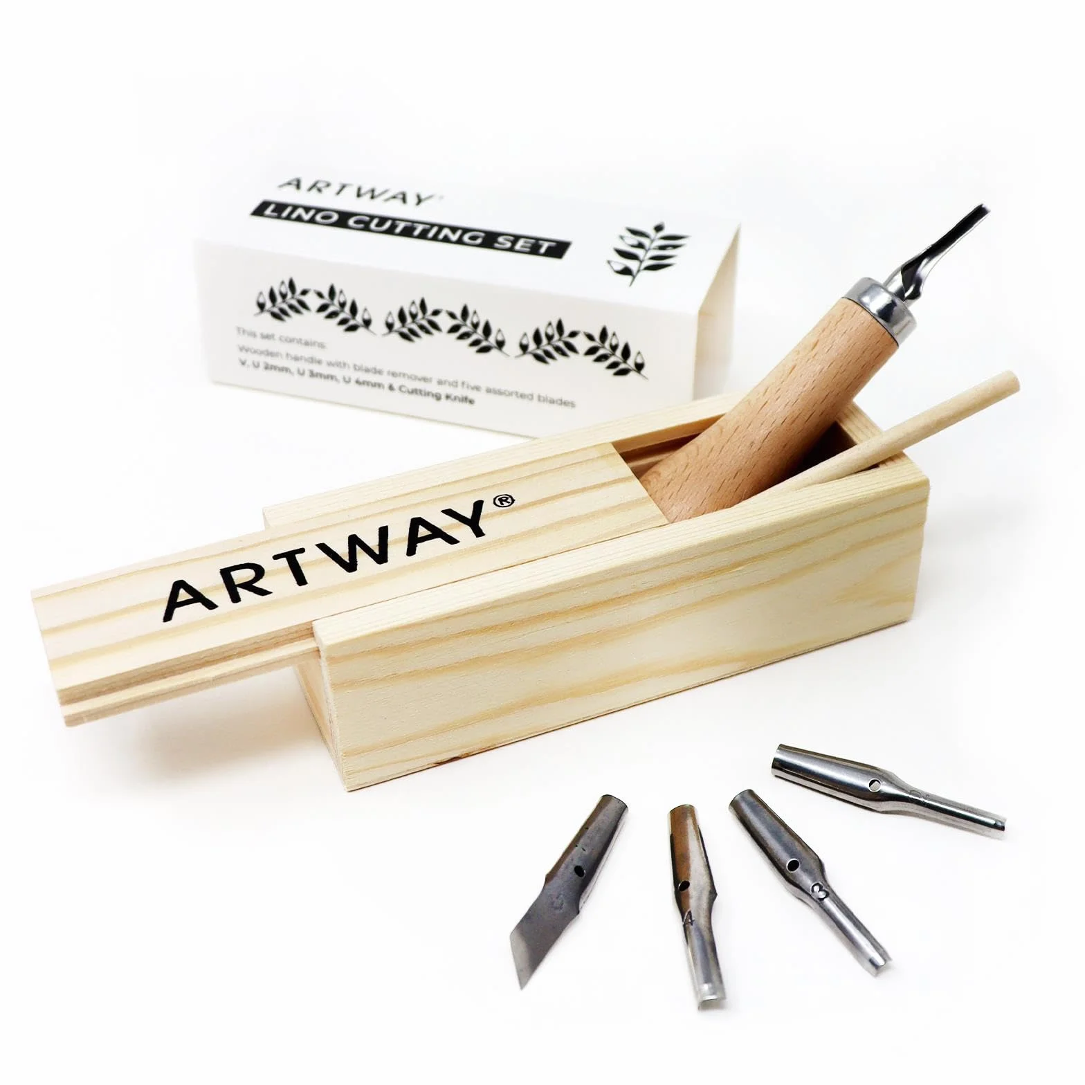 Artway Lino Cutting Tools – Ideal for Relief Printmaking – 5 Assorted Cutting Nibs and Ergonomic Handle in Wooden Storage Box