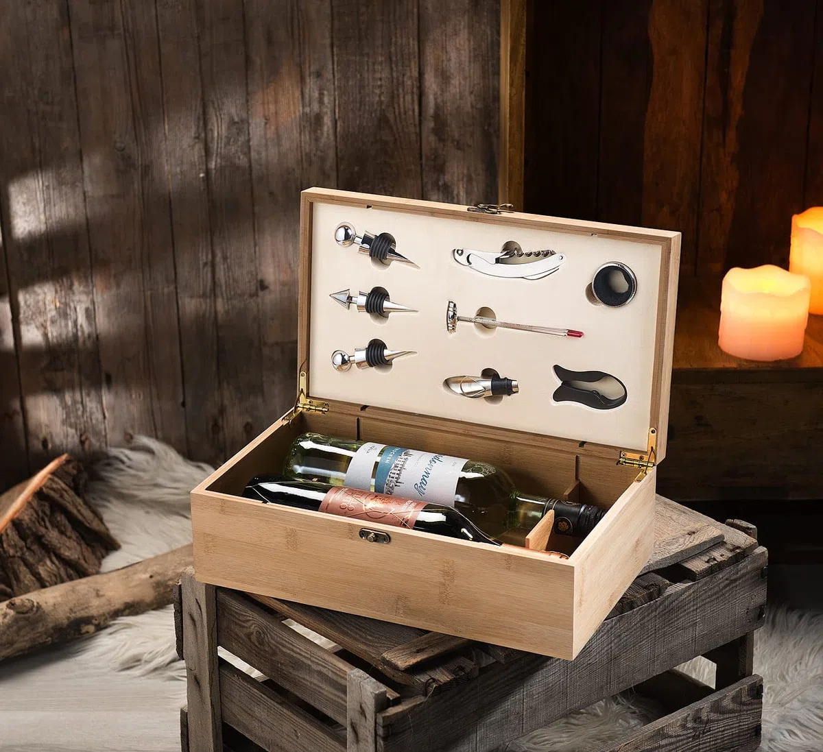 Carlo Milano Weinflaschenverpackung: 9-teiliges Sommelier-Set in edler Holz-Geschenkbox für 2 Weinflaschen (Weinbox, Wein-Geschenkverpackung, Flasche)