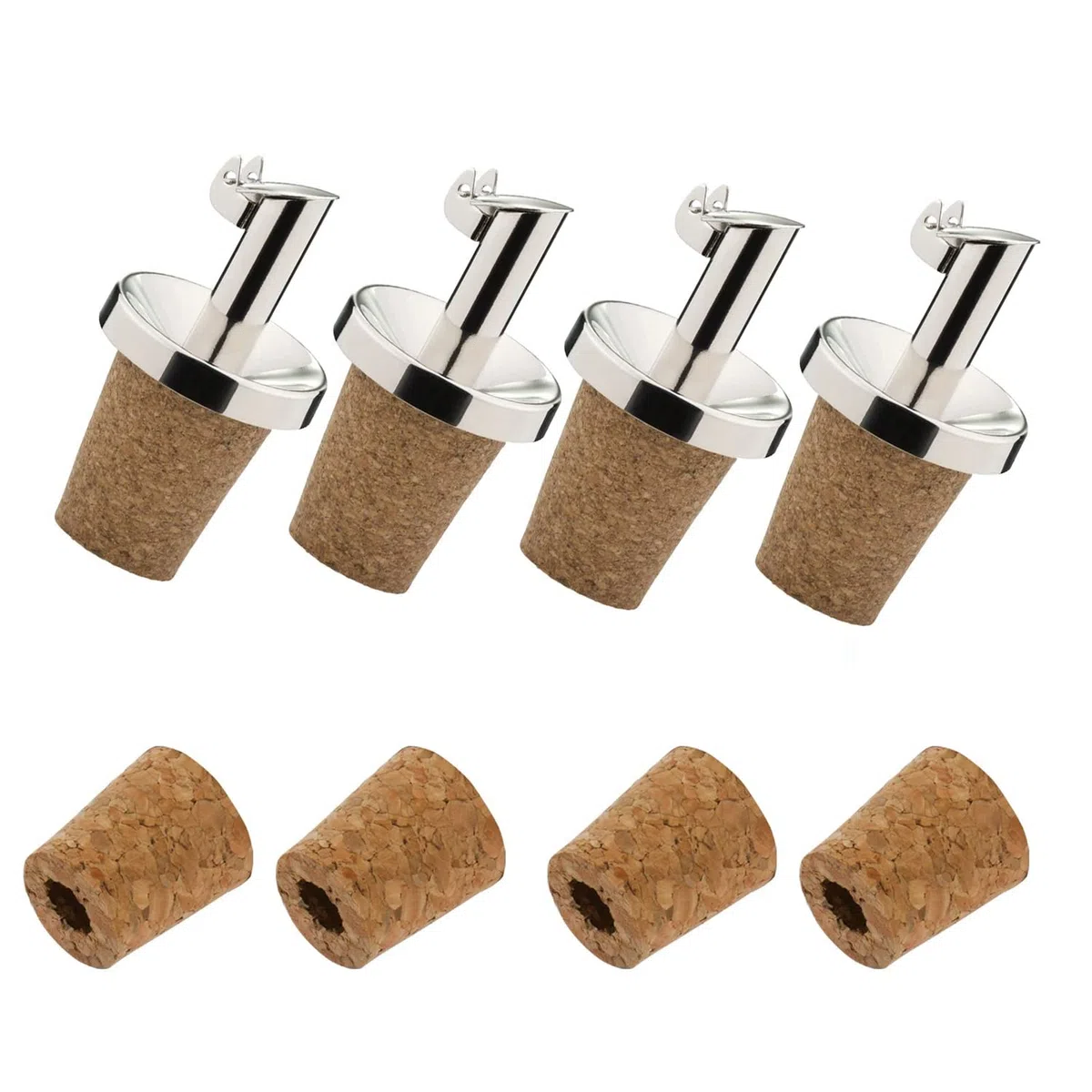 Westmark 4 Essig-/Öl-Ausgießer + 4 Ersatzkorken, mit Kläppchen, Metall/rostfreier Edelstahl, Naturkorken, Inox Essig-Spezial, 479022E3