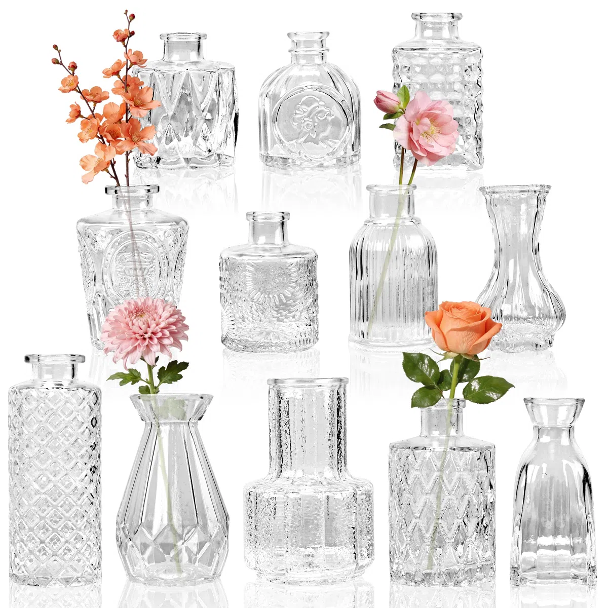 Der Rose Blumenvase Set, 12 Stück kleine Vasen für Tischdeko, mit elegantem Ätzmuster, ideal für Hochzeitsdeko und Party Deko