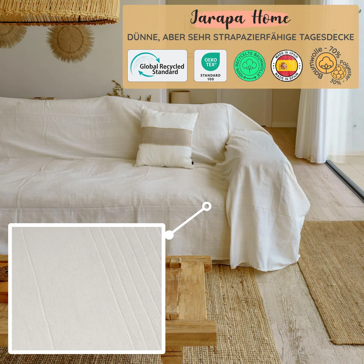 Jarapa Home Tagesdecke Baumwolle Wohndecke – Sofadecke Sofaüberwurf Bettüberwurf Überwurfdecke für Sofa & Bett – Mehrzweckdecke Couch Überwurf Plaid – Dünne gesteppte Decke
