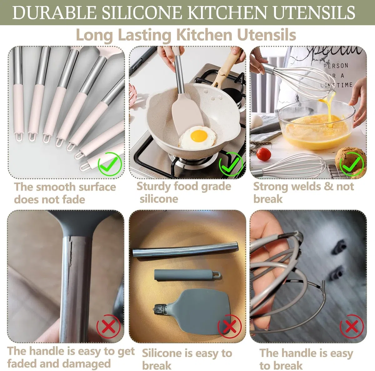 Küchenutensilien-Set, 15-teilig Silikon Küchenhelfer Set, Antihaft Hitzebeständiger Kochutensilien Kochgeschirr mit Utensilienhalter, Edelstahl Griff, Spülmaschinengeeignet (Khaki)