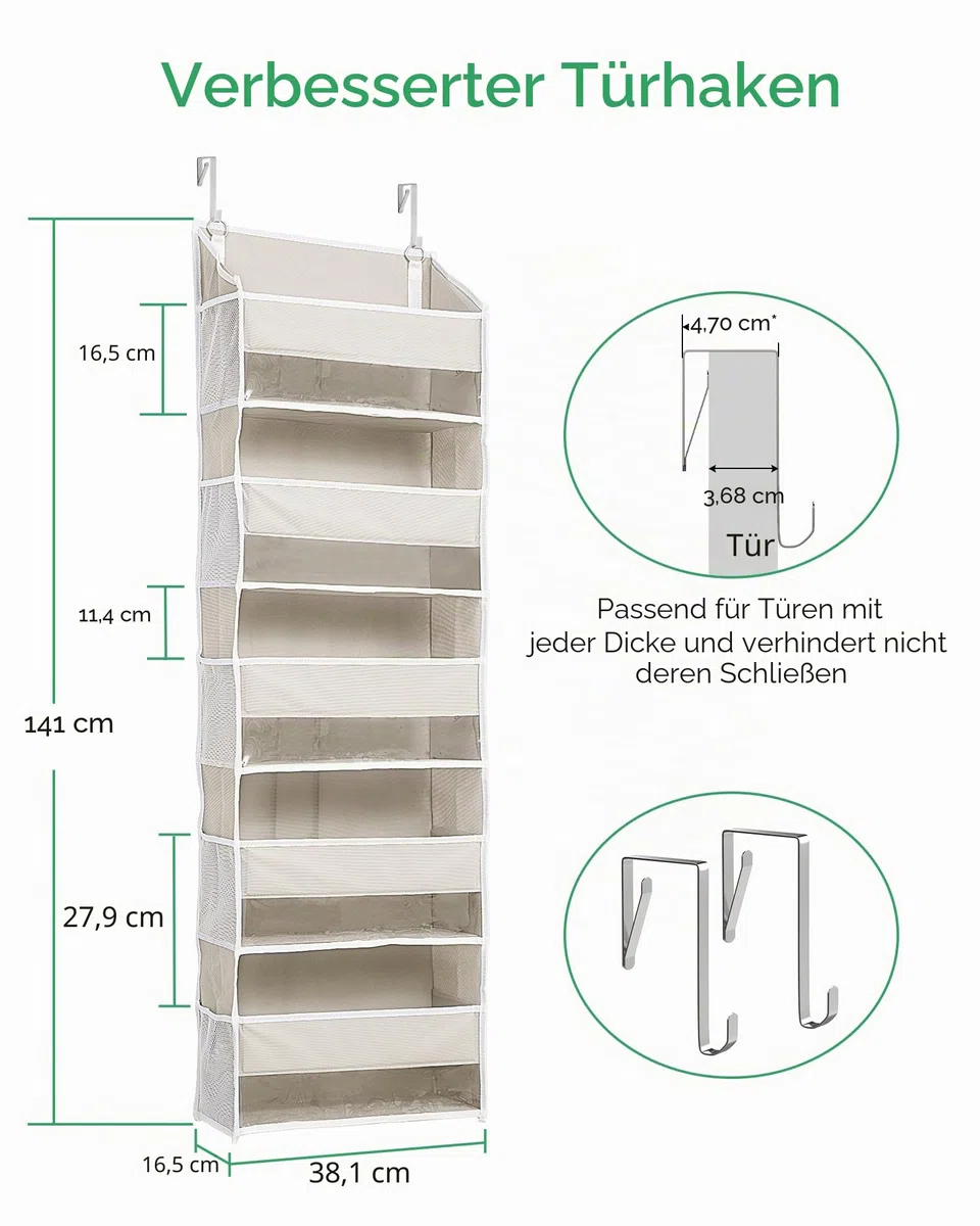 ULG Tür-Organizer, 5 große Taschen, 10 Mesh-Taschen, 20 kg Tragkraft, Hängender Organizer für Schlafzimmer, Bad, Küche, Beige