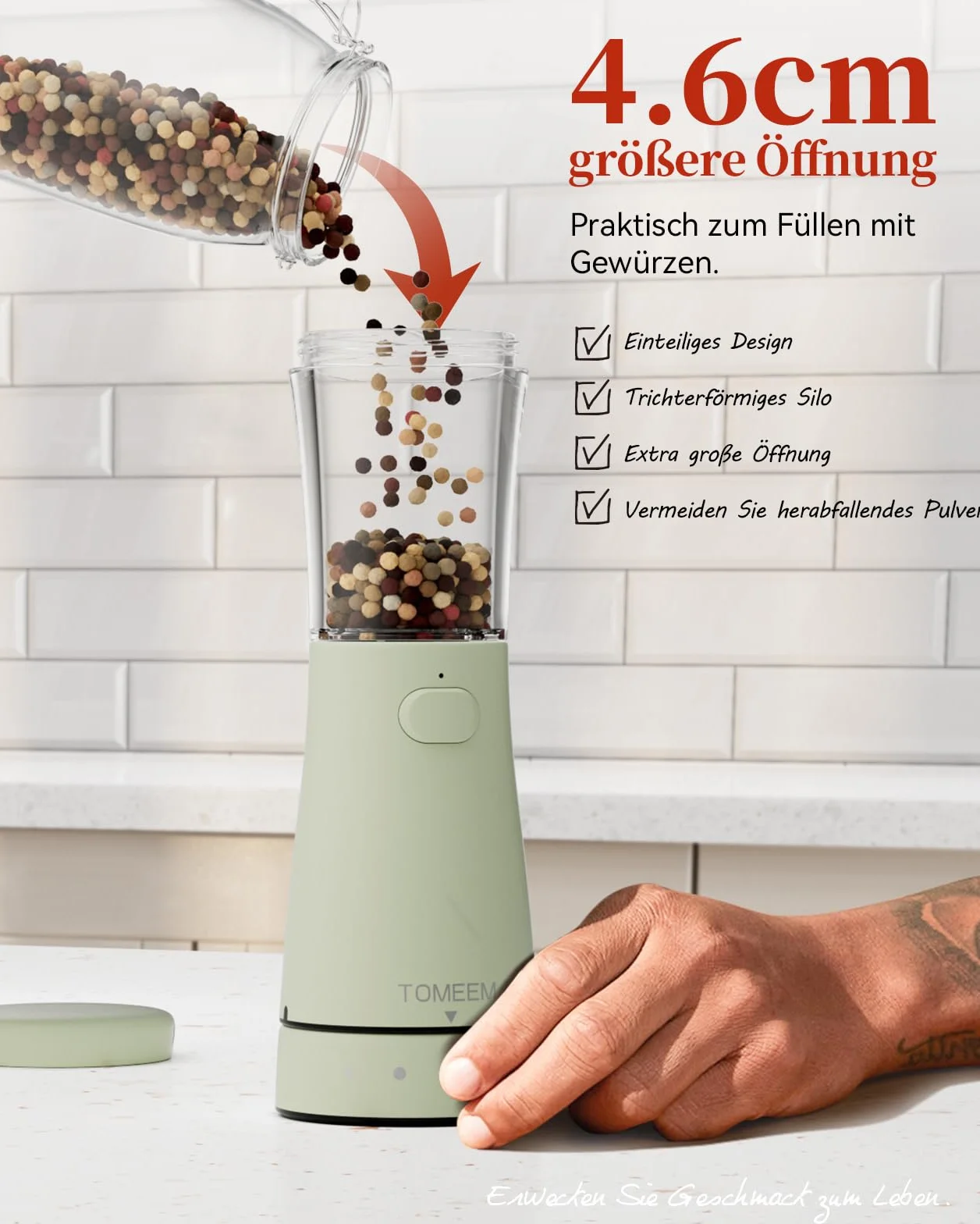 Salz und Pfeffermühlen elektrisch 2er Set aus Edelstahl (Wiederaufladbar, LED Beleuchtung, mit einstellbarem Keramikmahlwerk, Reinigungsbürste Bürste) Gewürzmühle elektrisch Adjustable, Green