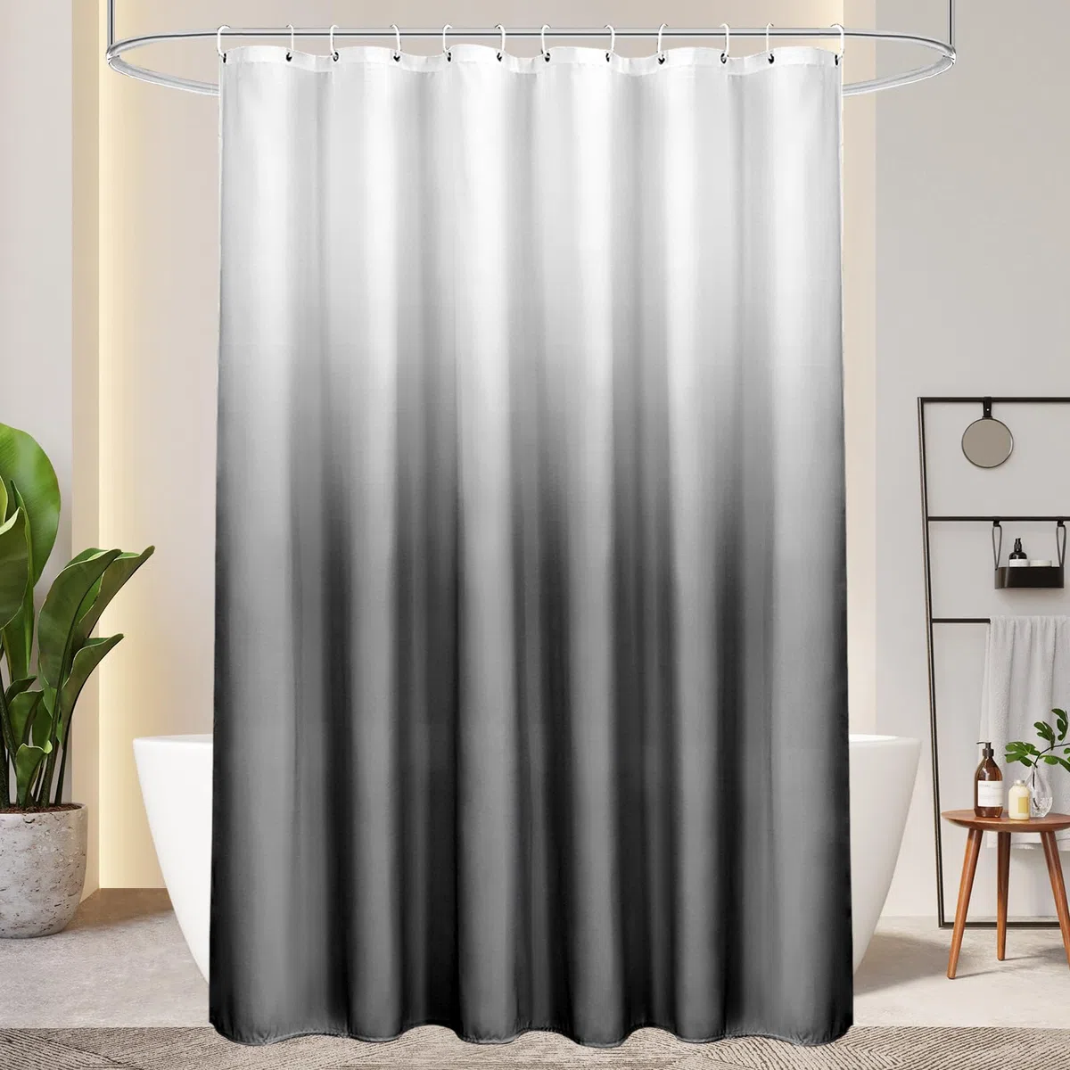 AooHome Duschvorhang 180X200cm Textil, Grau Duschvorhänge 120g/m² Farbverlauf Badvorhang Wasserdicht Waschbar Antischimmel mit 12 Duschvorhangringen(Weiß nach Schwarz)