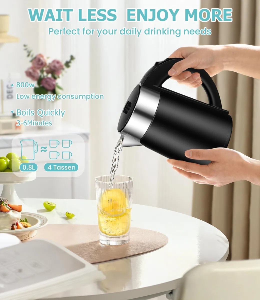 Reisewasserkocher 800ML Mini Camping Wasserkocher mit 800W Edelstahl Wasserkocher Klein ﻿für Reisen Camping Wohnwagen oder Unterwegs Schnelle Boil Teekanne für Reisen Kochen Kaffee Tee