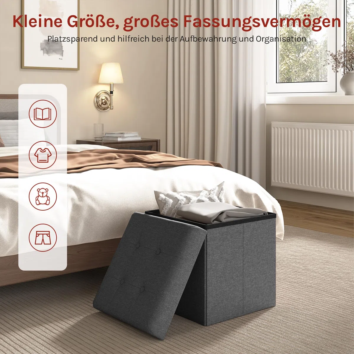 WOLTU® Sitzhocker mit Stauraum Sitzwürfel Sitzbank faltbar Truhen Aufbewahrungsbox, Deckel abnehmbar, Gepolsterte Sitzfläche aus Leinen, 38x38x38CM(LxBxH), Dunkelgrau