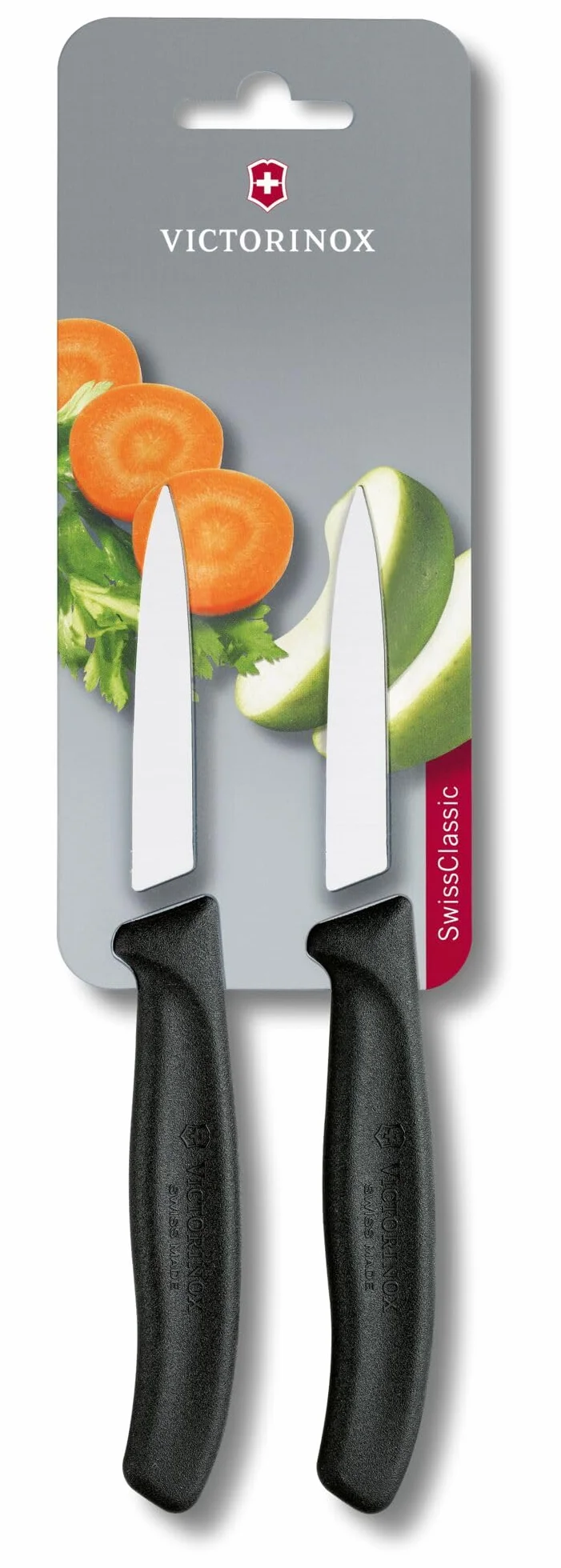 Victorinox Swiss Classic, Schäl- und Gemüsemesser Set, 2teilig, Extra Scharfe Klinge, Gerader Schliff für Präzise Schnitte, 8 cm, Rostfreier Stahl, Schwarz (Packung mit 2)