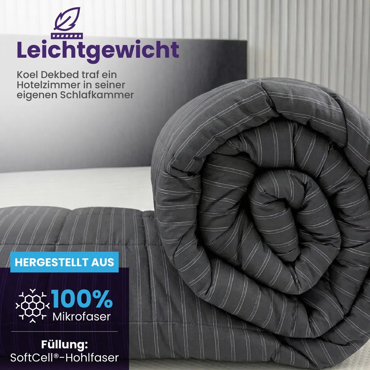 Sommerbettdecke 140x200cm - Bettdecke ohne Überzug [Hitzeklasse 4] Luftig, Leicht & Kühlend - Dünne Allergiker Sommerbettwäsche - Antrazit gestreift