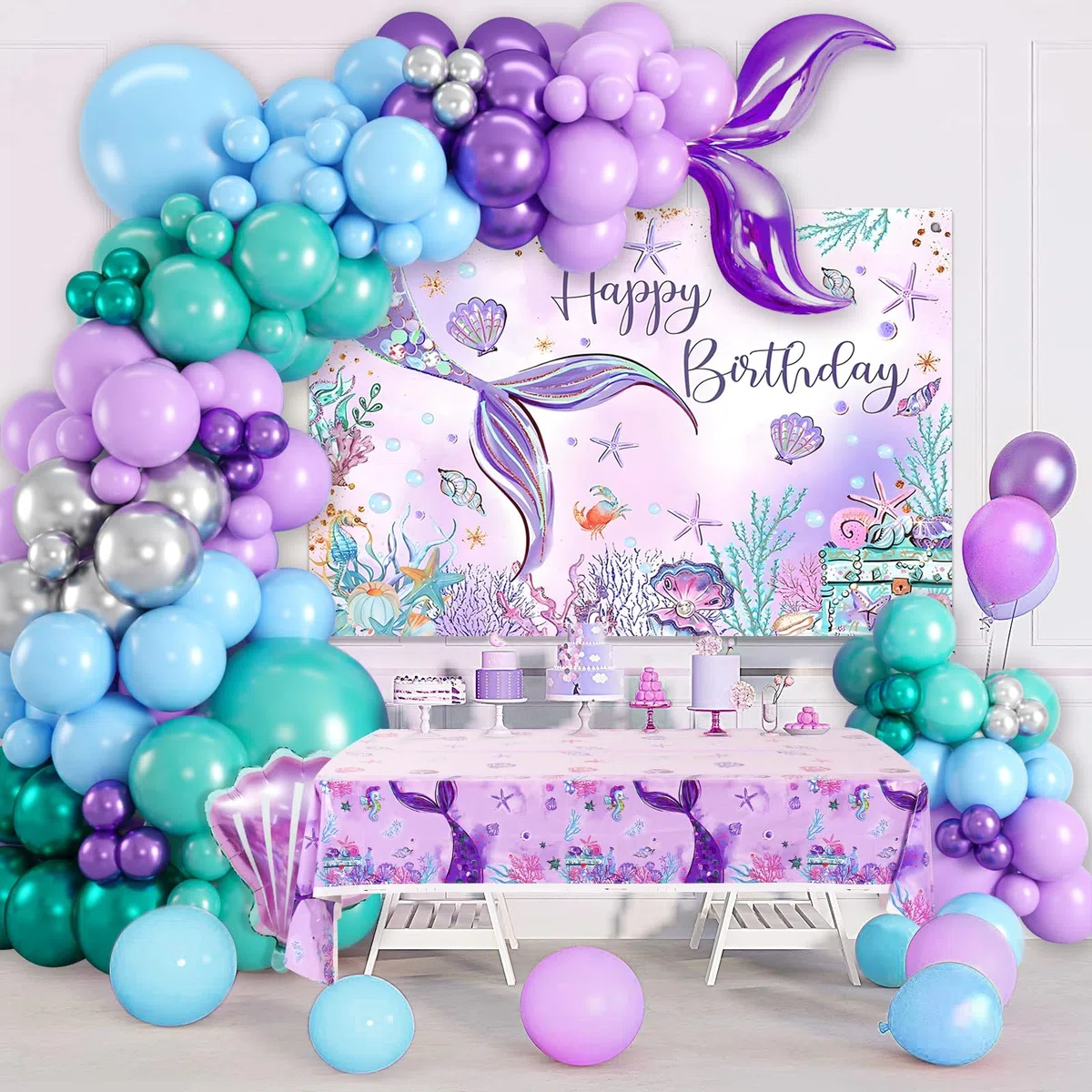 Meerjungfrau Geburtstag Deko Set - 109pcs Meerjungfrau Luftballon mit ballons Lila Blau Mermaid Tail, Meerjungfrauen Tischdecke Hintergrund für Ariel Deko Geburtstag Mädchen, Meerjungfrauen Deko