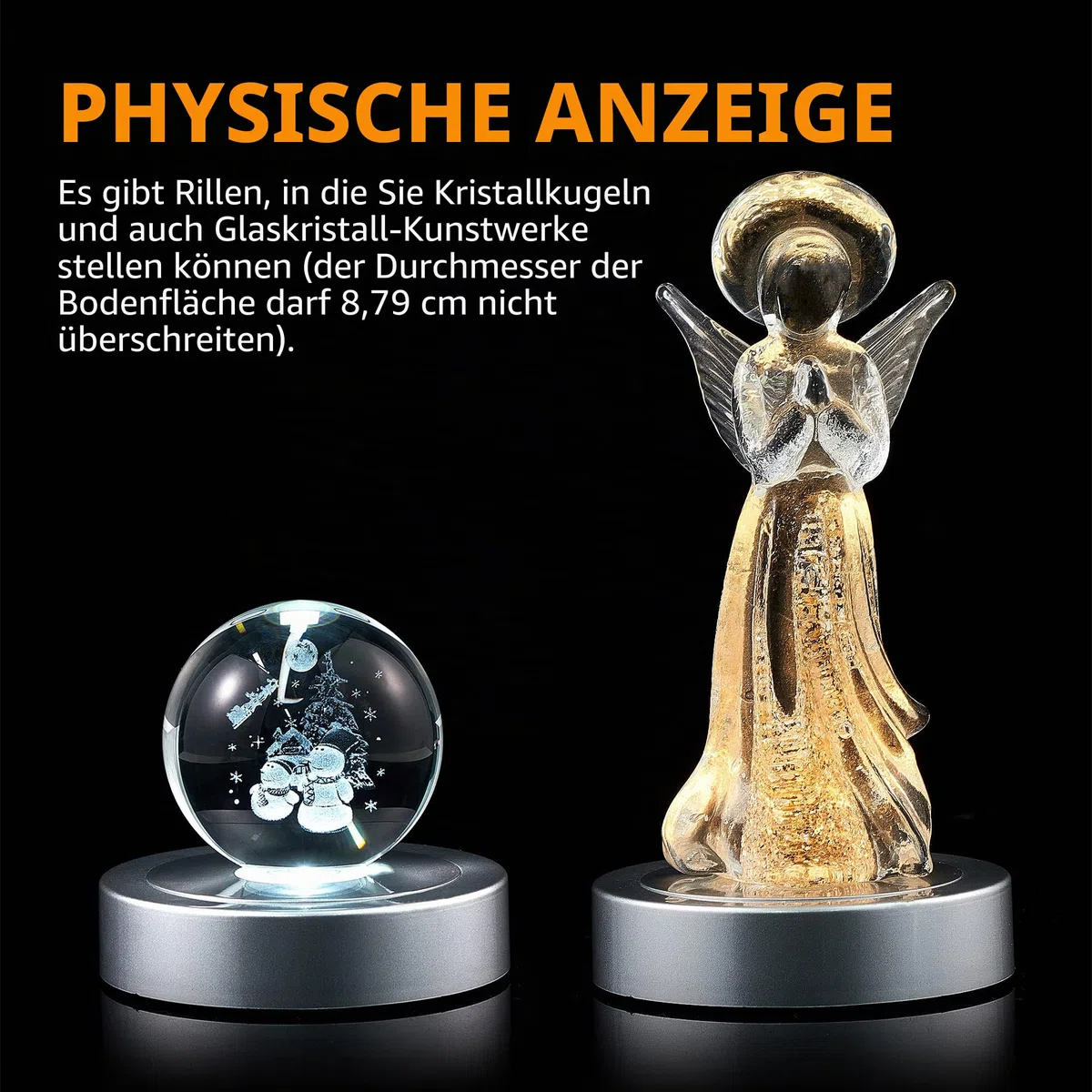 EUSTUMA Rotierender LED-Display-Sockel, buntes Licht, Kristallständer, geeignet für kugelförmige Glaskristall-Kunstwerke, Urlaubsparty-Dekoration. (Silber)