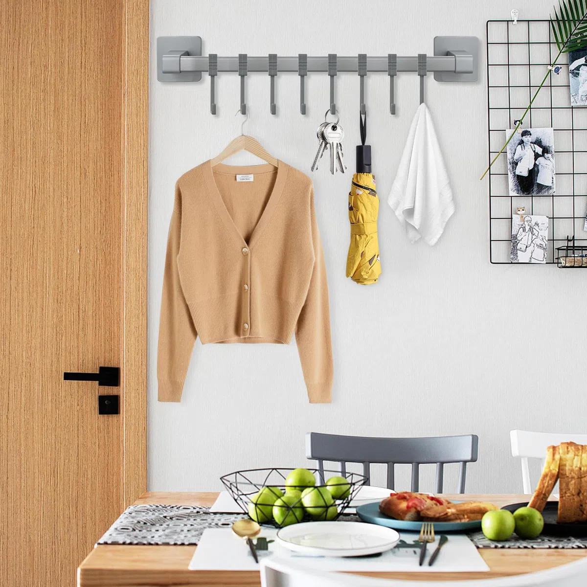 Hakenleiste Küche Ohne Bohren, Küchenutensilienhalter mit 8 Bewegliche Haken, 40 cm Abnehmbare Selbstklebende Hakenleiste Wandhaken für Küchen & Badezimmer Aufbewahrung (Grau)