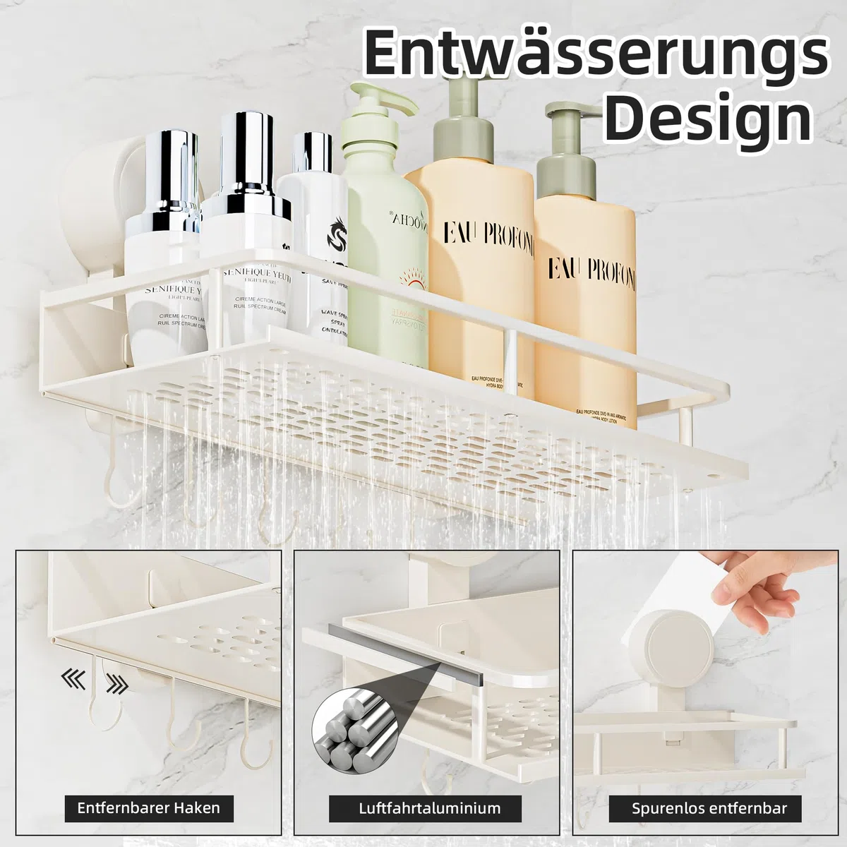 Wisfame Saugnapf Ohne Bohren Duschablage,10kg Tragfähigkeit Badregal für Shampoo Conditioner,Abnehmbare und Rostfreie Badezimmer Organizer mit Großer Kapazität,weiß