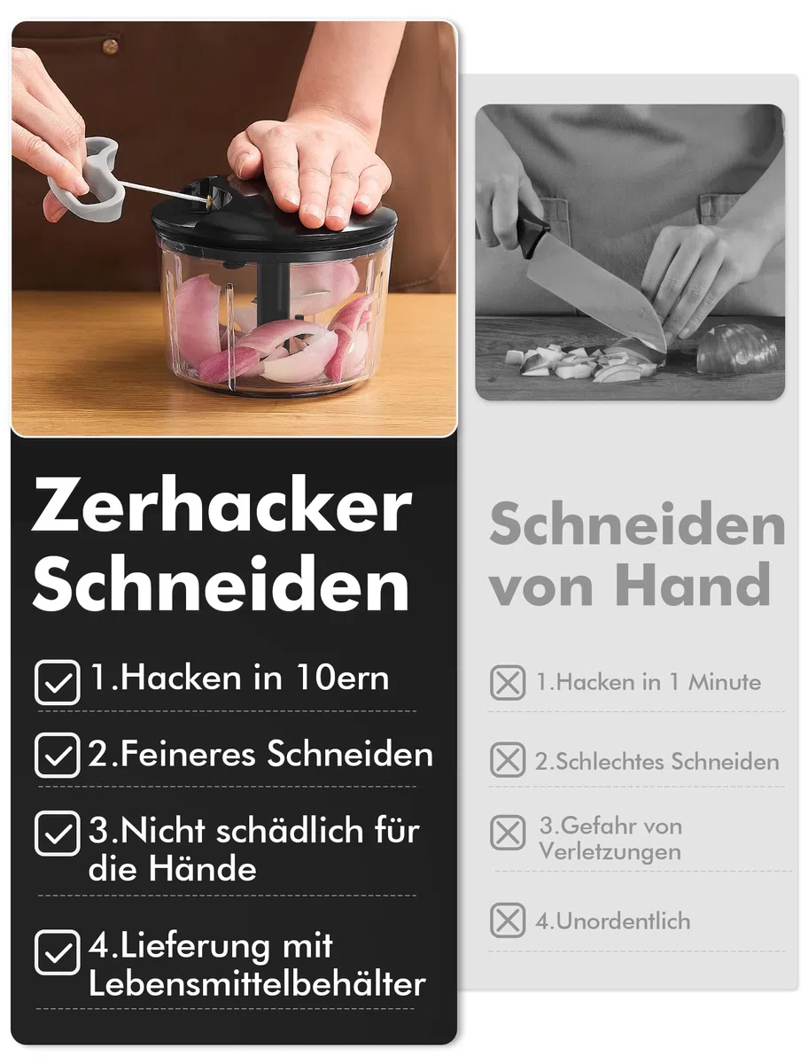 GDL Zwiebelschneider, 800ML Zwiebel Zerkleinerer mit Edelstahlklingen, Multizerkleinerer Gemüseschneider für Gemüse, Obst, Nüsse, Knoblauch, Babynahrung. (Schwarz)