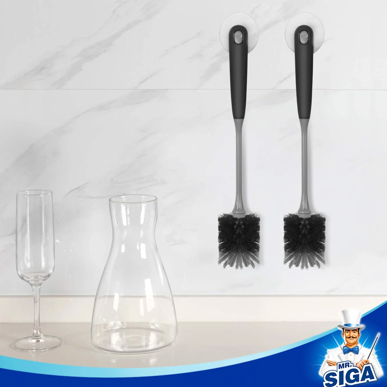 MR.SIGA Flaschenbürste mit langem Stiel, Flexible Bürste für Wasserflaschen, Glaswaren und Becher, Schwarz, 2er-Pack