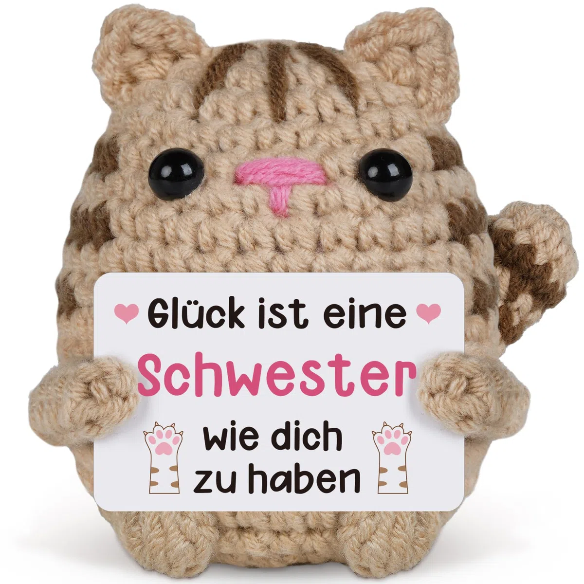 Vetbuosa Schwester Geschenk - Handgehäkelte Katzenpuppe mit Karte, Geschenkideen für Schwester zum Geburtstag Weihnachten Muttertag