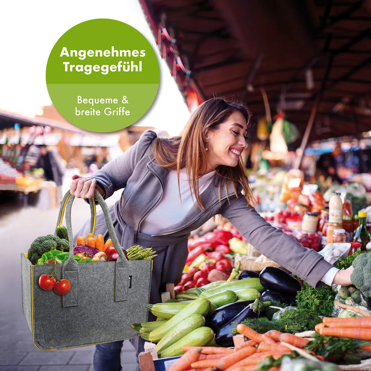 Filztasche - praktische Einkaufstasche - modische Shopping Bag - Einkaufskorb aus Filz - faltbare Tragetasche - grau/gelb
