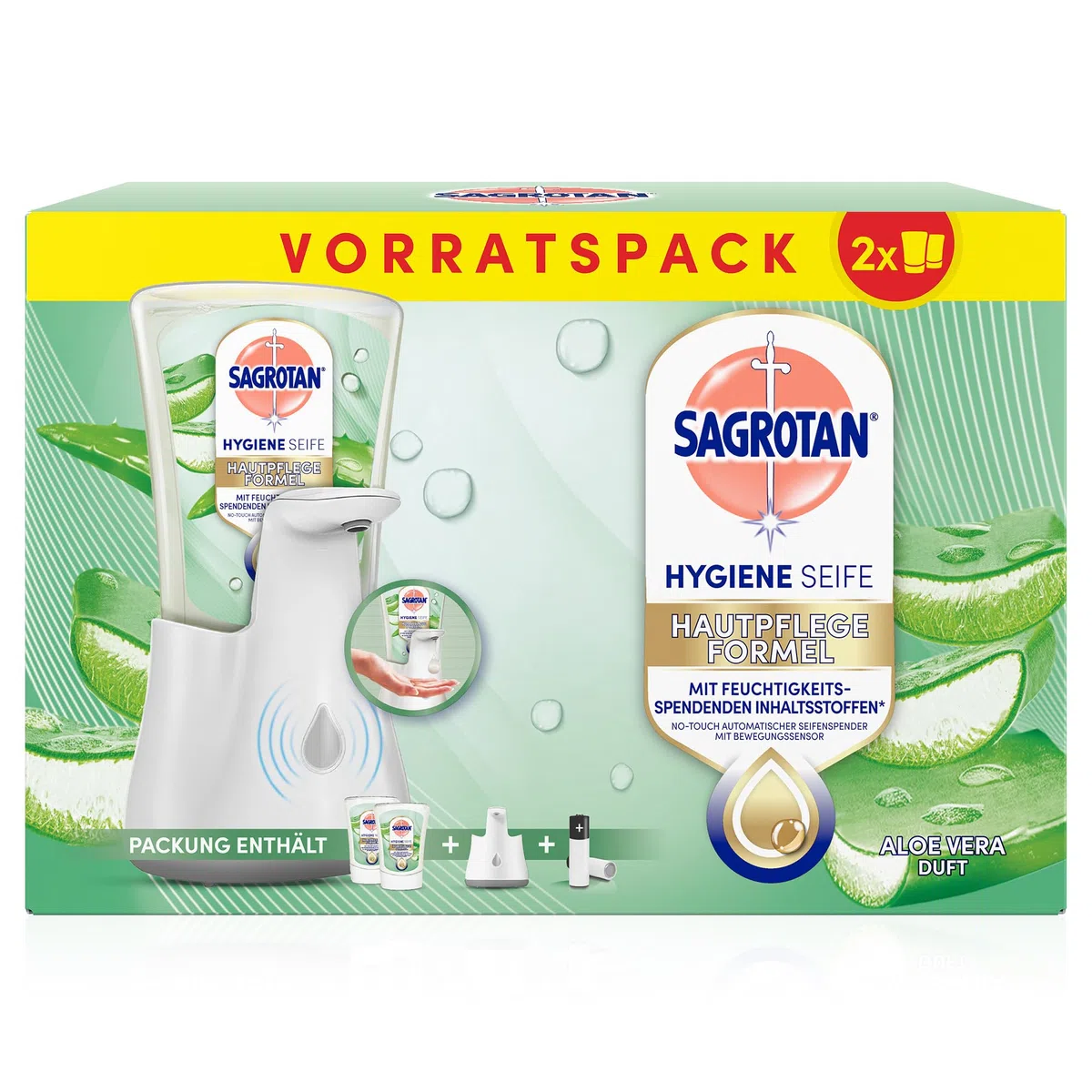 Sagrotan No-Touch Automatischer Seifenspender Weiß – Vorratspack – Inkl. Sagrotan Nachfüllern Aloe Vera – 2 x 250 ml Flüssigseife