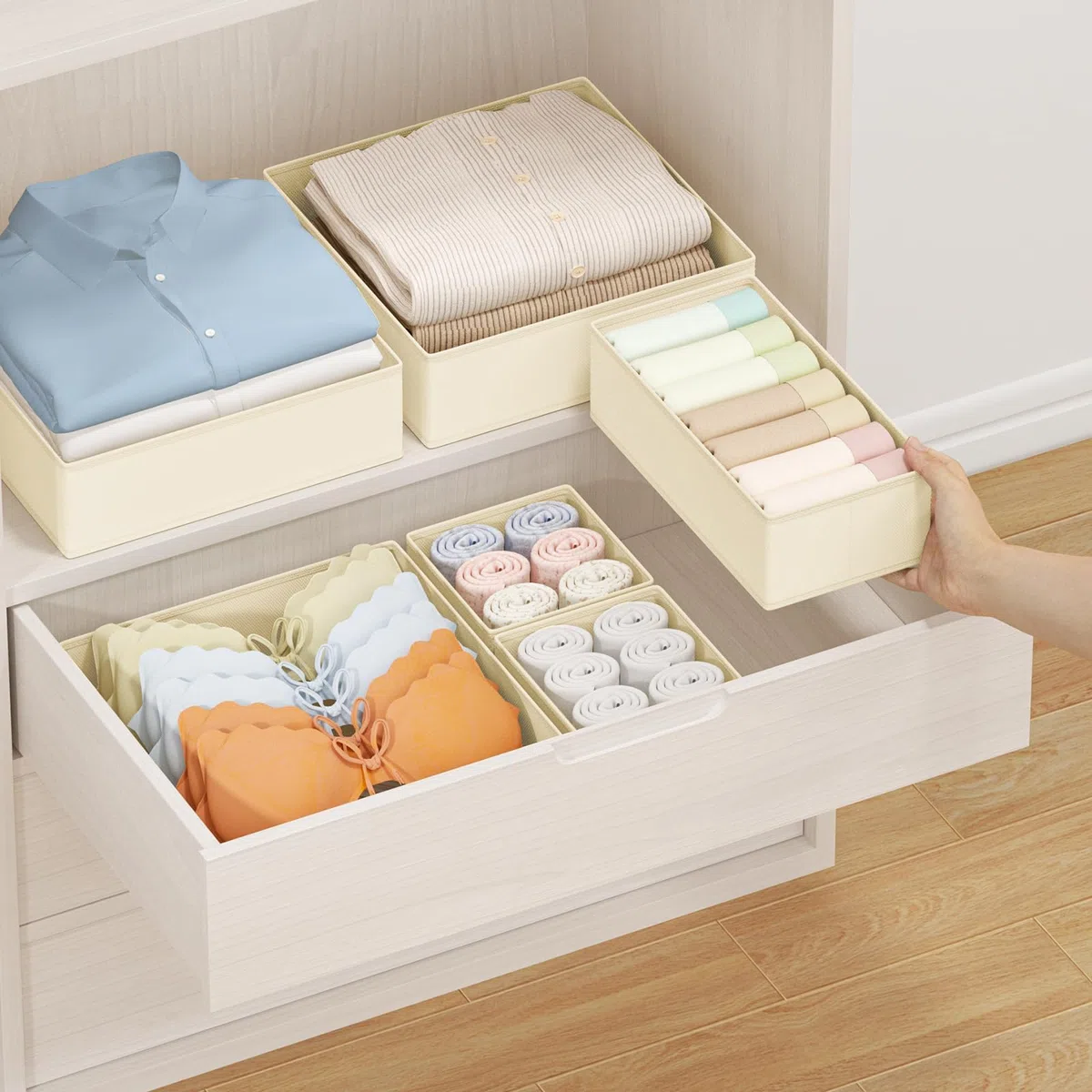 Homsorout Kleiderschrank Schubladen Organizer - 15er Set Unterwäsche Organizer Aufbewahrung Hemnes Kommode, Stoff Schubladen Ordnungssystem Aufbewahrungsbox für Hosen, Kleidung, Socken, Beige