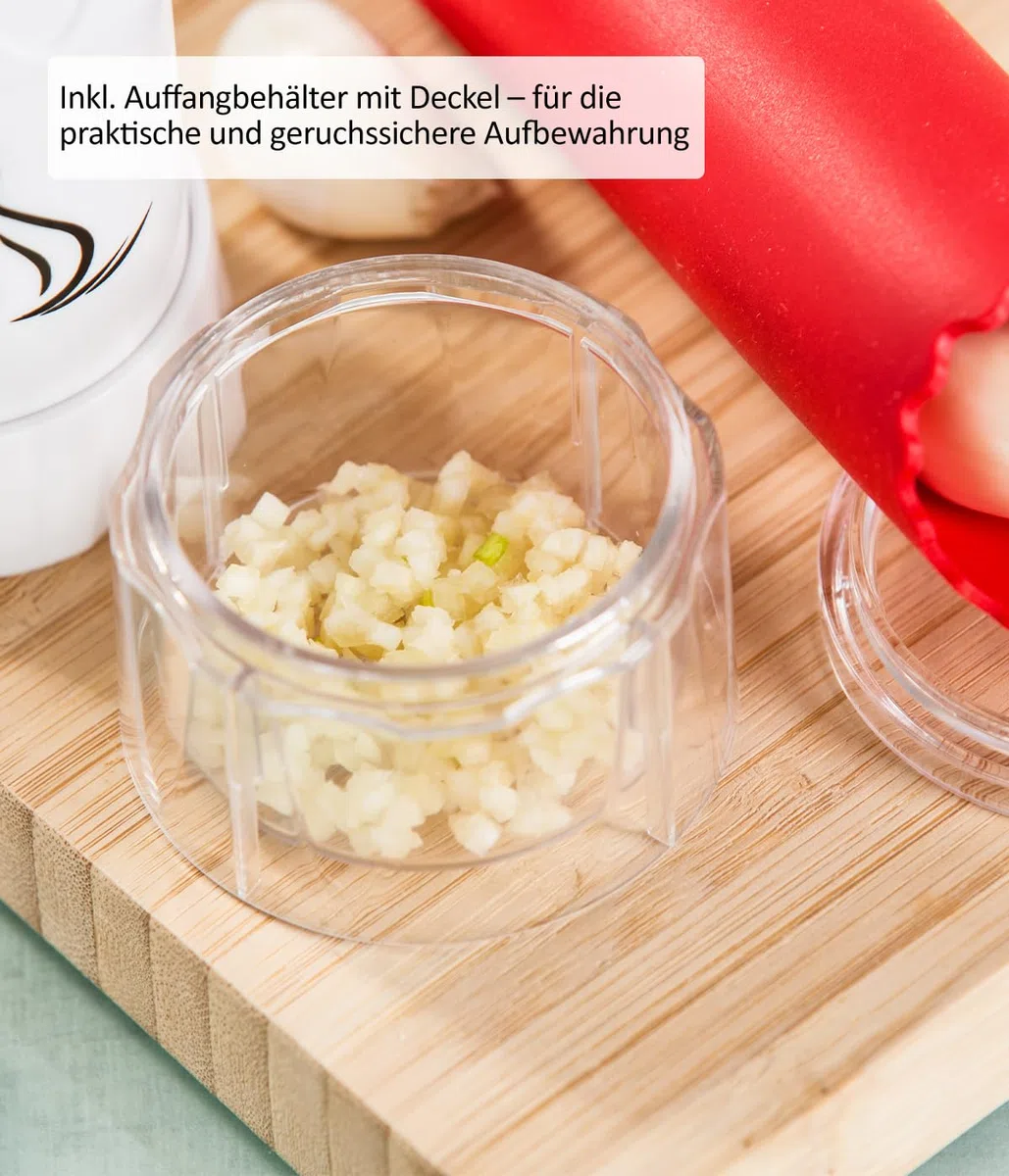 Genius Knoblauchpresse G5 3-tlg, Knoblauchschneider Garlic Press mit Auffangbehälter und Deckel, Knoblauch Crusher, Küchenschneider Spülmaschinenfest einfach zu reinigen, Weiß
