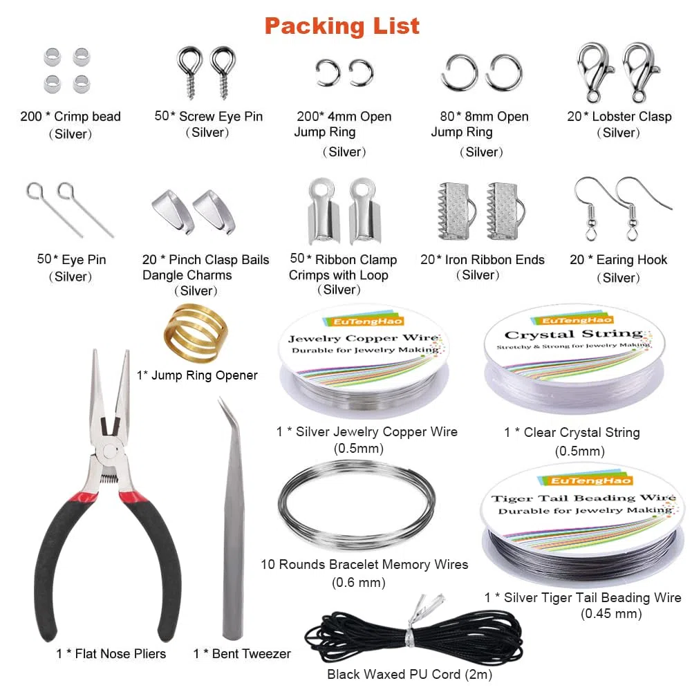 EuTengHao Schmuckherstellungs-Set, Schmuckreparatur-Werkzeug-Set mit Schmuckzange, Perlendraht, offener Bindering, Karabinerverschlüsse, Halsketten, Kordel, Bandenden, Schmuckherstellung, für Schmuck