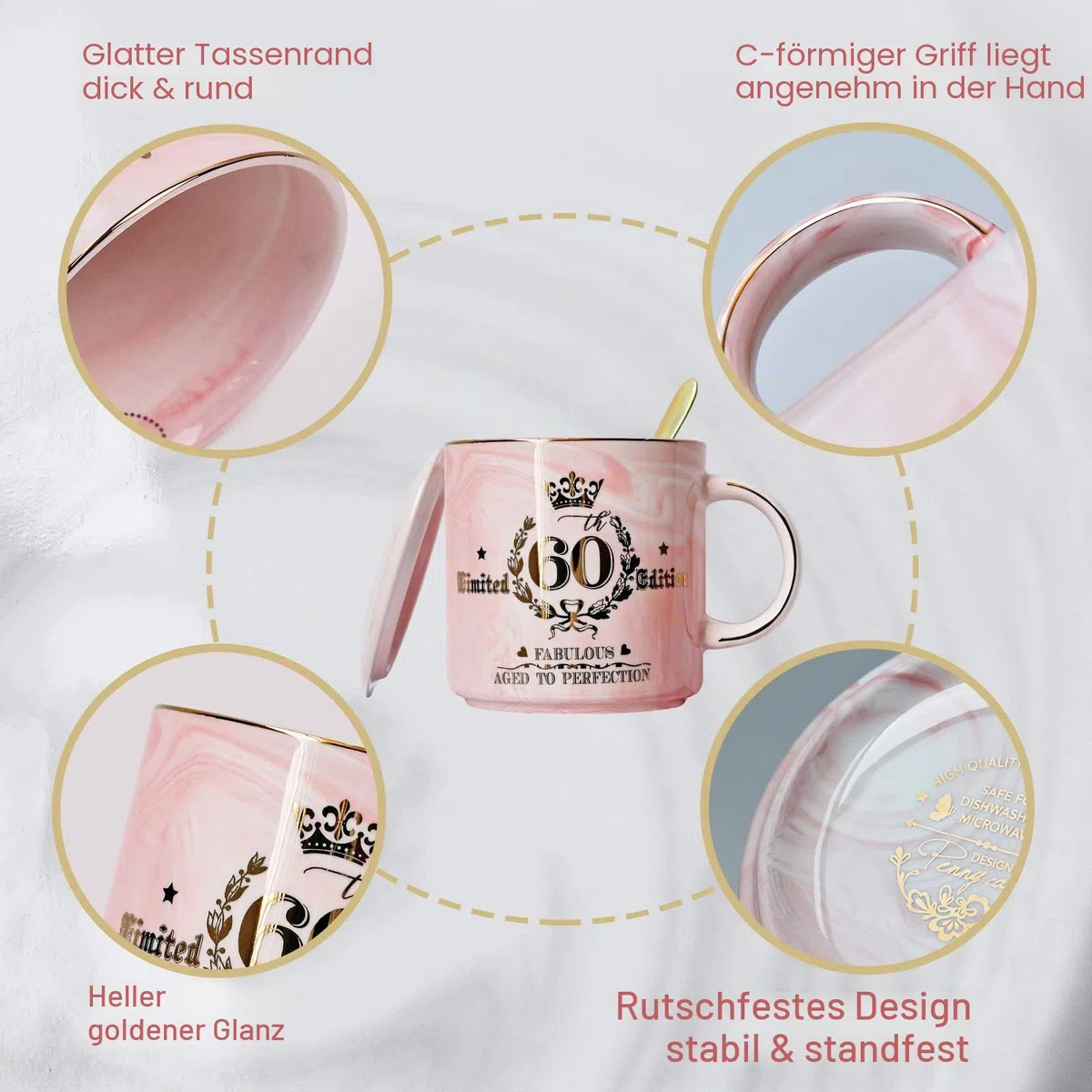 Geschenke zum 60 Geburtstag Frau, Fabelhafter 60. Limited Edition, 400ml Rosa Marmor Kaffeetasse mit Golddruck, Geschenk für Frauen zum 60.ter Geburtstag, Oma, Mutter, Schwester, Schöne Geschenkbox