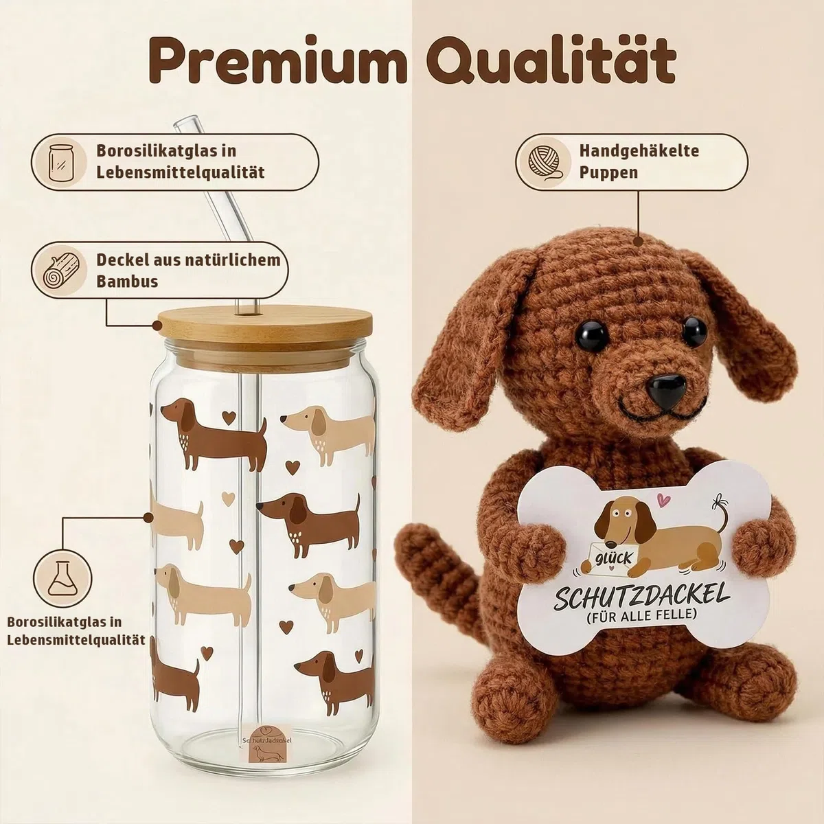 Sunwuun Glas mit Deckel und Strohhalm,Positive Geschenke Dackel Glücksbringer Set,Geschenk Kollegin Geburtstag,Gläser mit Holzdeckel,Pocket Hug für Freundin,Mama,Partner,Schwester (Braun)