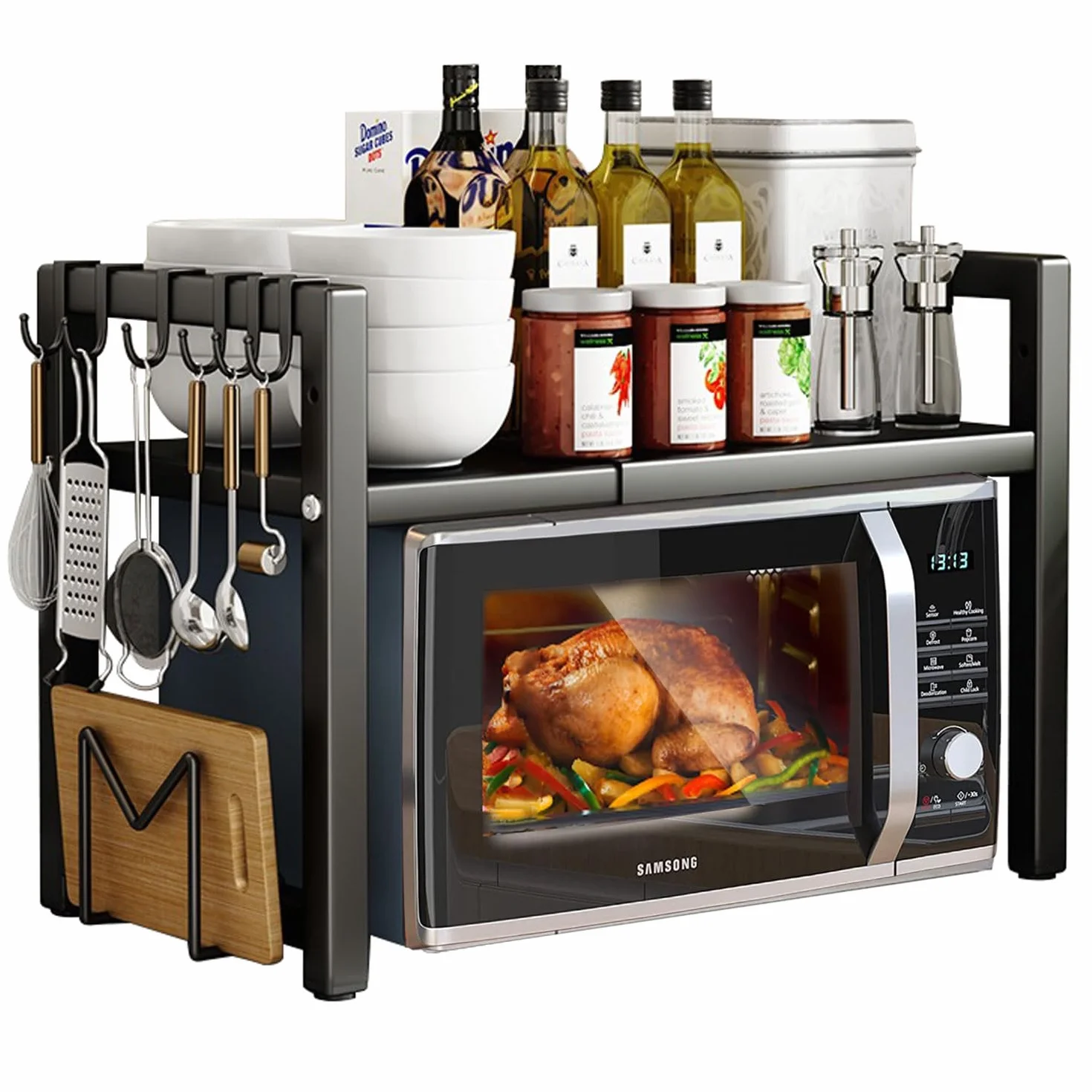devesanter Erweiterbares Mikrowellen Regal 2-Stufiges Mikrowellenständer mit 5 Haken Küchen-Organizer-Rack Mikrowellen Bäckereiregale für Arbeitsplatte, Ausziehbar von 40-64cm Schwarz