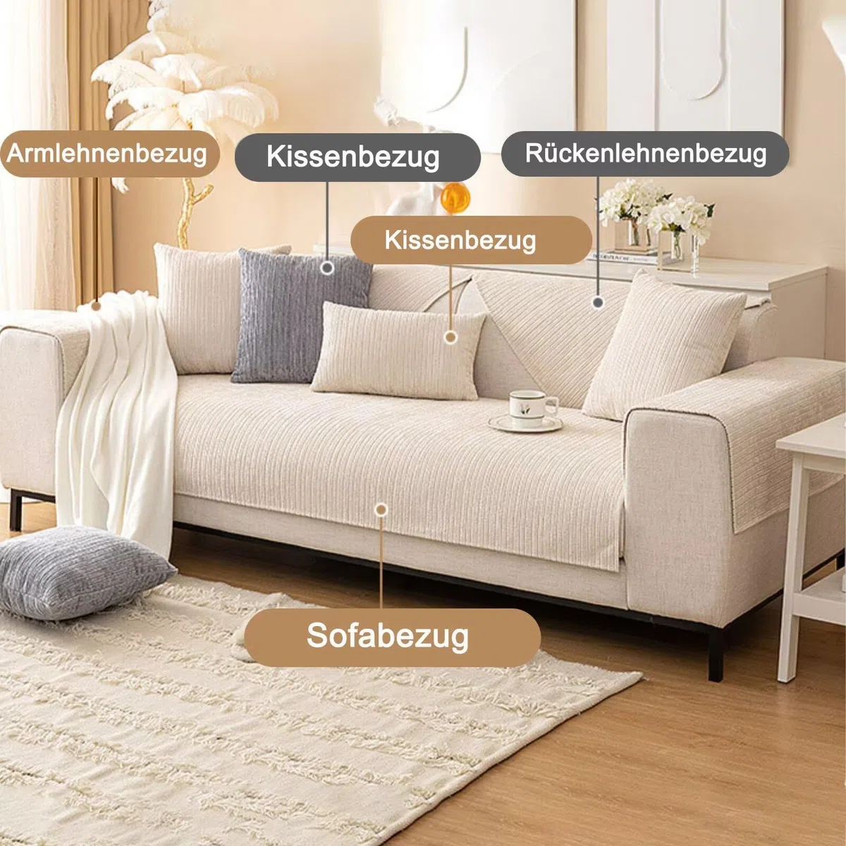 Sofa Überzug rutschfeste, Universal Sofaschoner 1 2 3 4 Sitzer, Waschbar Sofabezug Sofaüberwurf, Weiche Couchüberzug Überwurfdecken für L Form U Form Sektionssofa(Beige, 90x90cm)