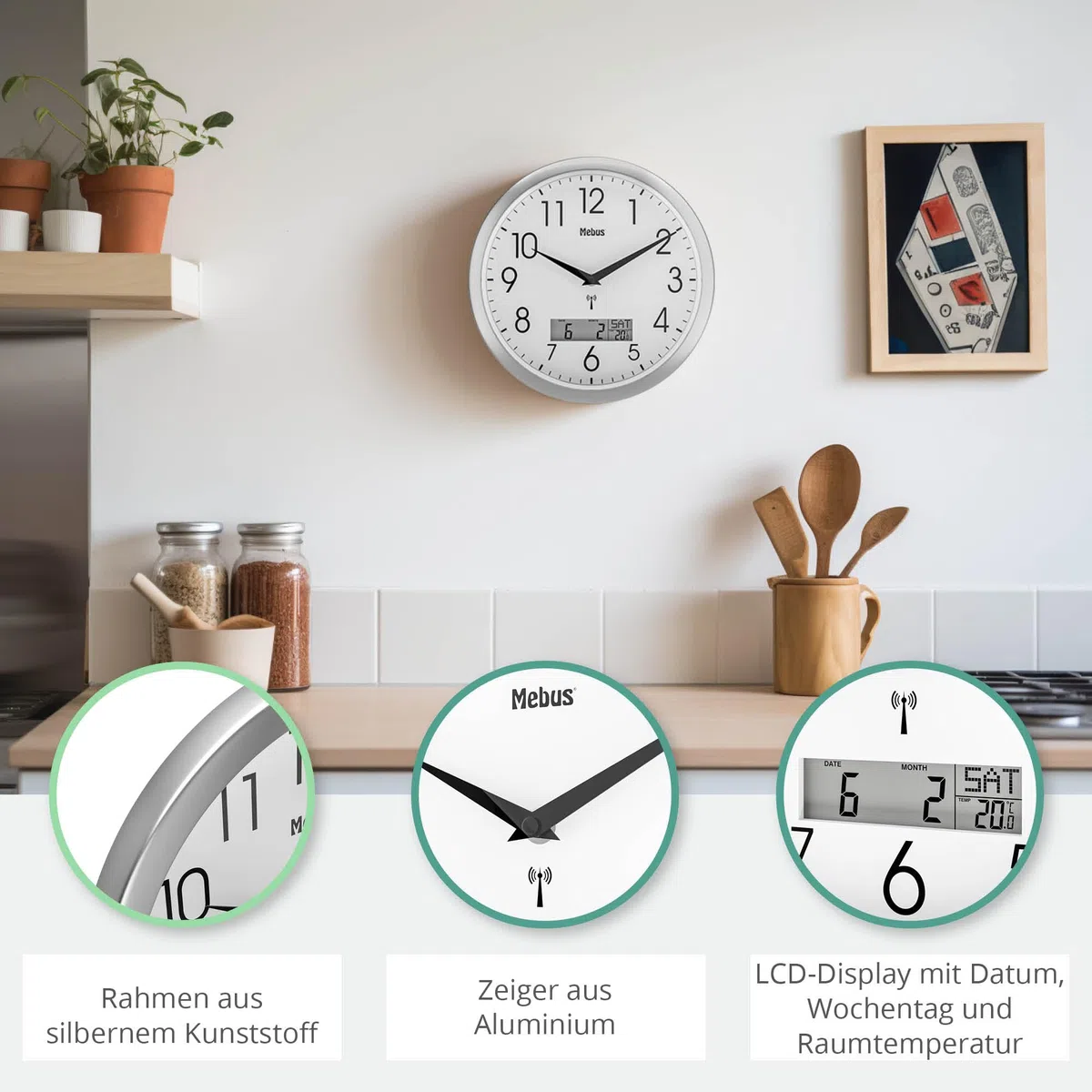 Mebus Analoge Funk-Wanduhr 29cm groß | Leicht lesbar & lautlos | Runde Funkuhr ohne tickgeräusche & großem Ziffernblatt für Küche, Wohnzimmer, Büro, Kinderzimmer | Uhr geräuschlos in Silber