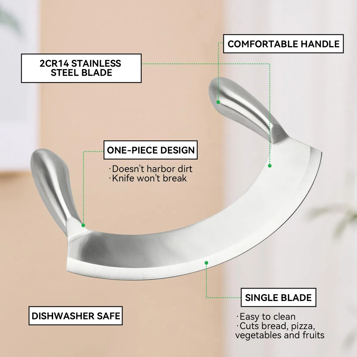 Edelstahl Wiegemesser Single Edge, 22cm Pizzaschneider Effizientes Hacken von Kräutern, Brot, Salat, Nüssen - Ergonomischer Griff, spülmaschinenfest, rostfrei, nahtlos