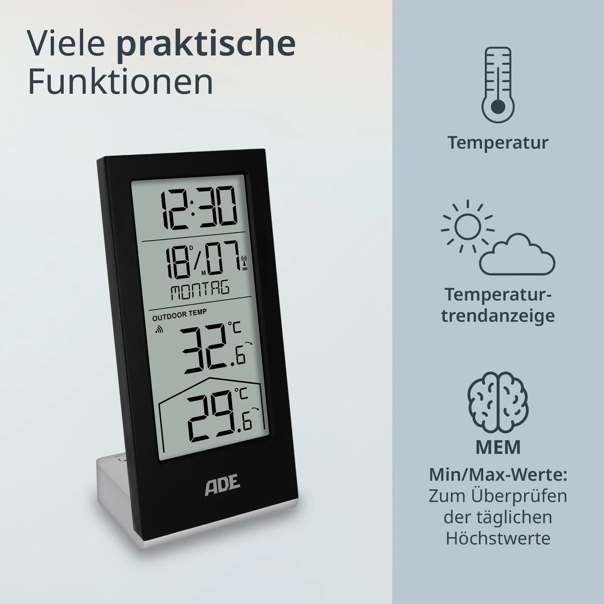 ADE Funkuhr digital mit Temperaturanzeige und Außensensor | Thermometer für Innen- und Außentemperatur | Trendanzeige | Tischuhr mit Datum und Wochentag | inkl. Batterien | schwarz