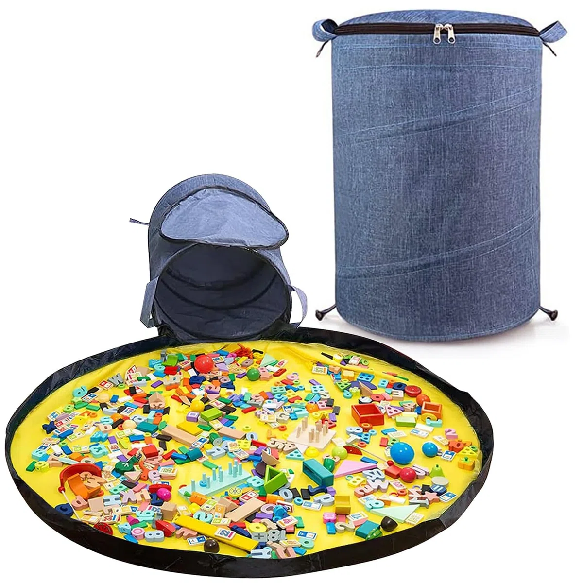 Aufbewahrungstasche für Kinderspielzeug mit Spielmatte und Reißverschluss, Aufräumsack/Organizer für Bauklötze, Autos, Puppen und anderes Spielzeug - Blau