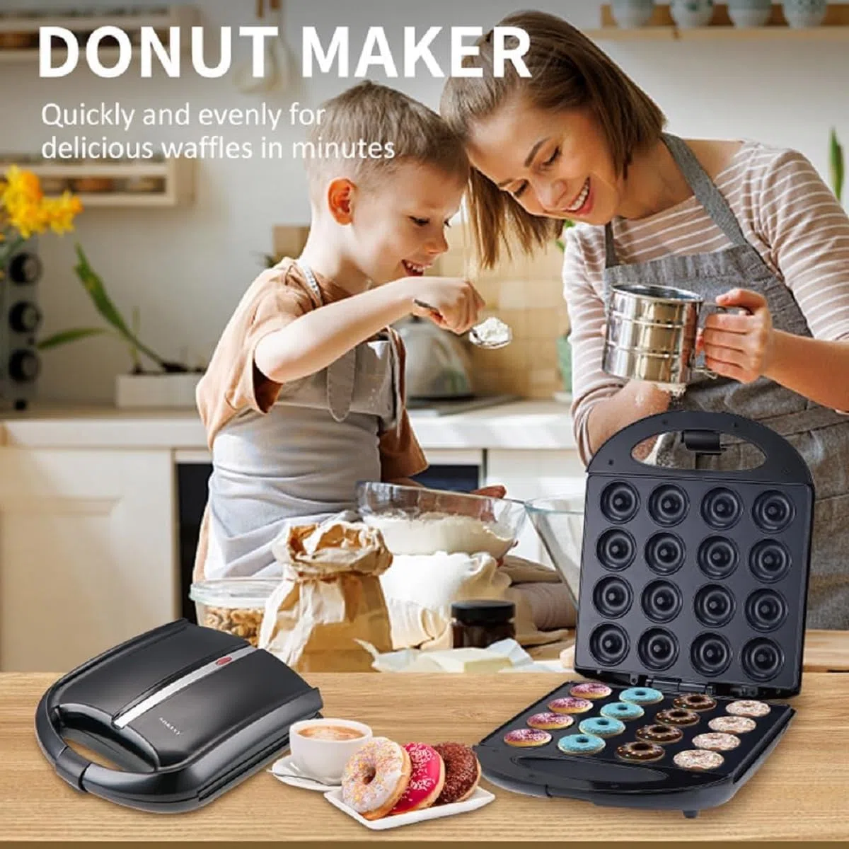 SOKANY SK-08002 1400W Donut Maker, Mini-Donut-Maker für 16 Mini-Donuts, Antihaftbeschichtung, Automatische Temperaturregelung, BPA-frei