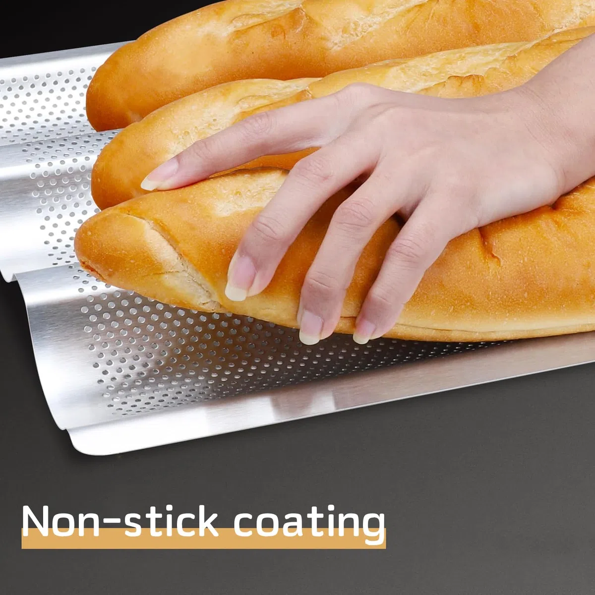 Baguette Backform, Brot Backen Zubehör, Baguette-Backblech mit Antihaftbeschichtung für 3 Baguettes, Backformen (38 x 27.5 x 3.2 cm, Silber)